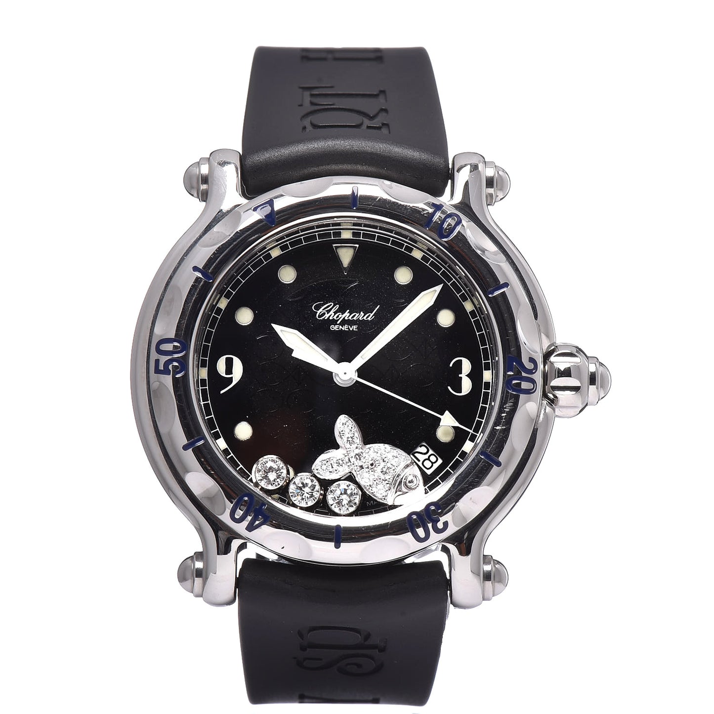 Stainless Steel Rubber Diamond 38mm Happy Sport Fish Quartz Watch Black