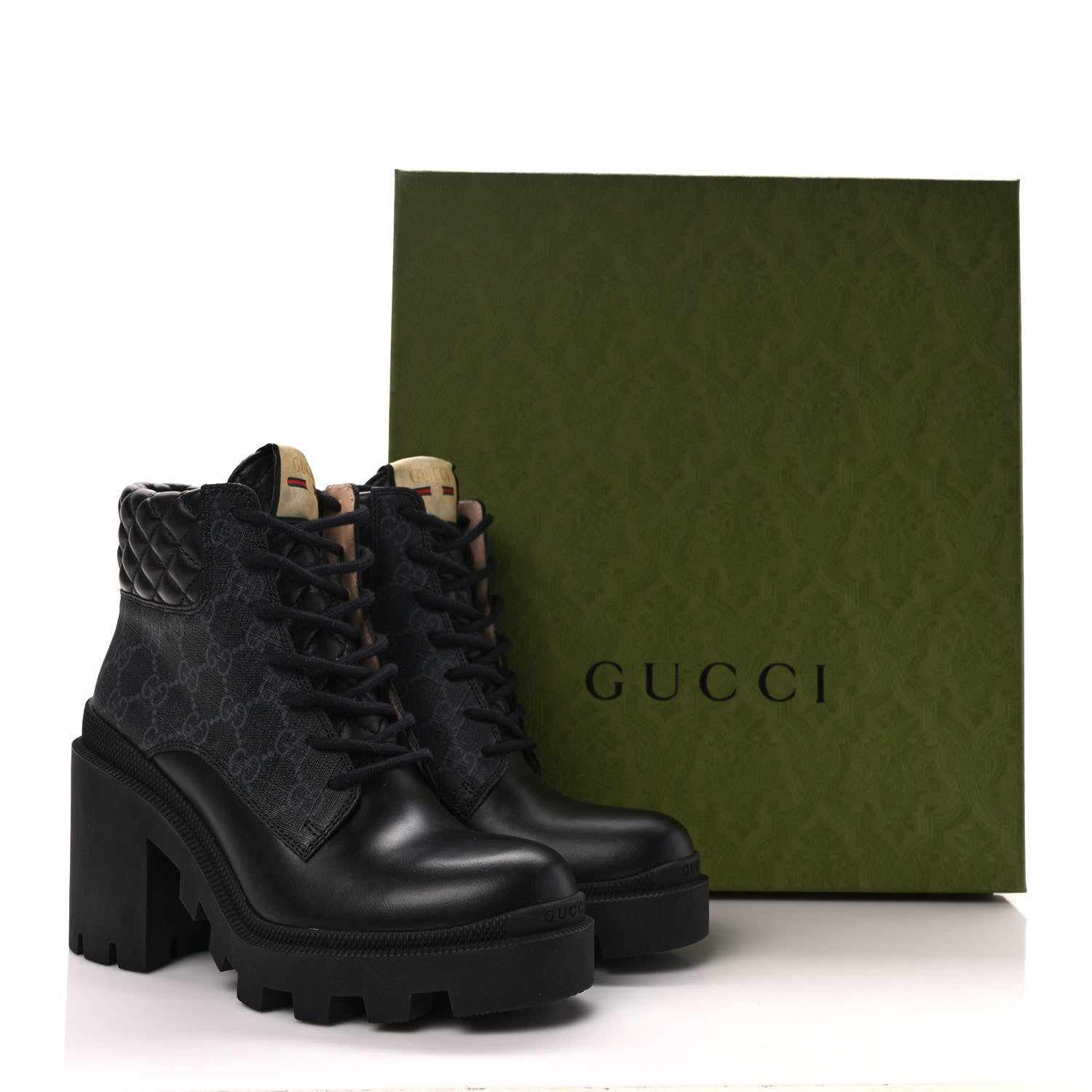 Gucci Apollo Calfskin GG Supreme Nappa Samoa Quilted Lace Up Ankle Boots 37 Black 8 of 9
