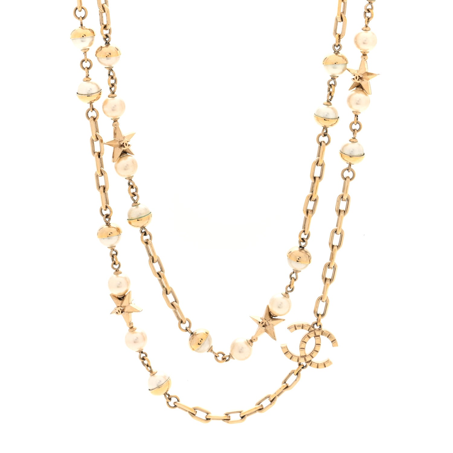 Chanel Metal Pearl CC Star Long Necklace Gold 1 of 4