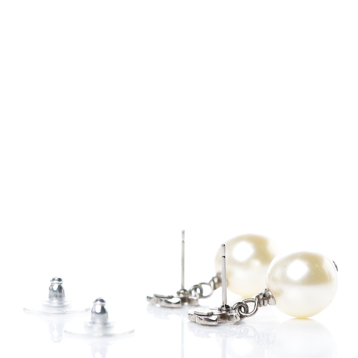 Chanel Crystal Pearl CC Drop Earrings Silver Pearly White 4 of 5