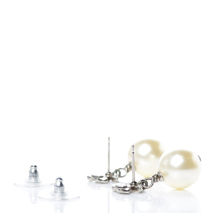 Chanel Crystal Pearl CC Drop Earrings Silver Pearly White 4 of 5