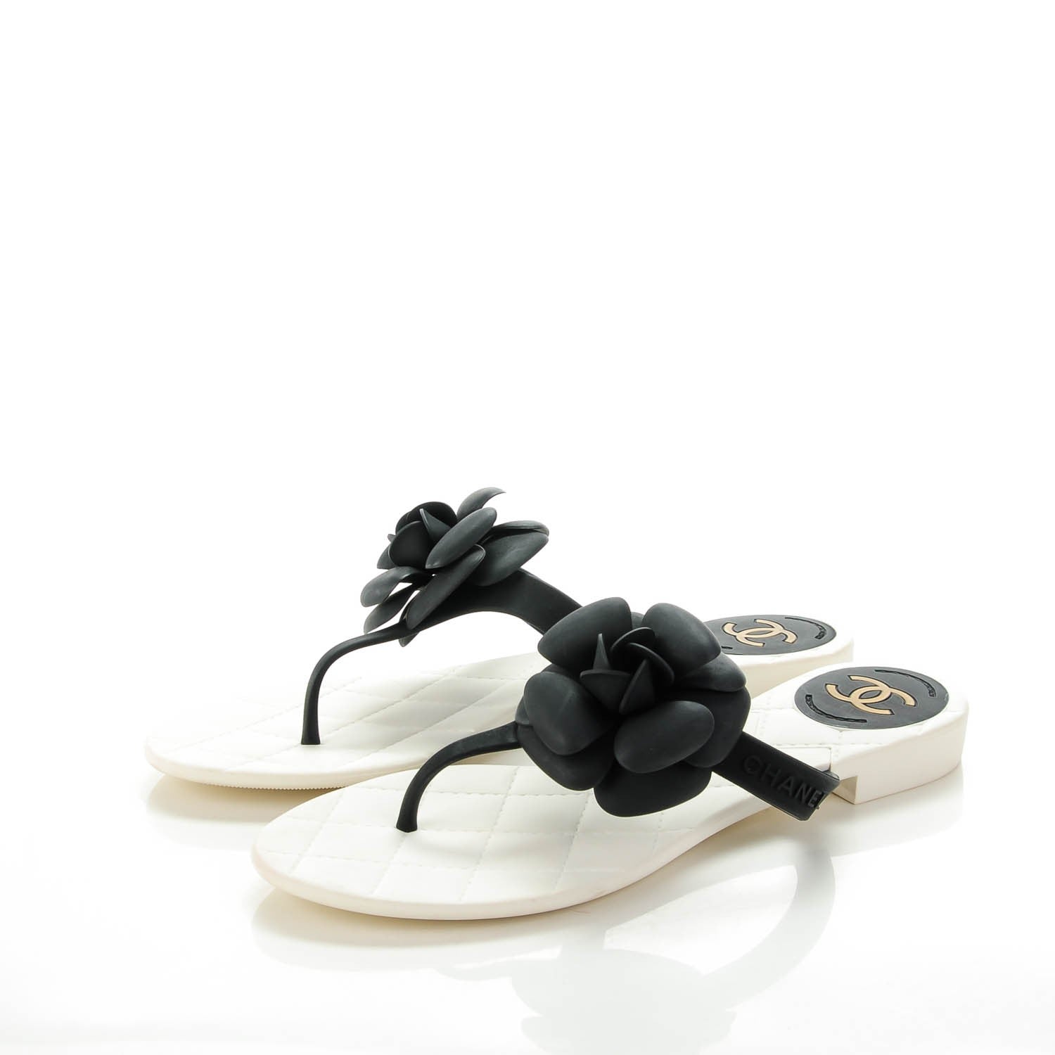 Chanel Jelly Quilted Camellia Thong Sandals 39 Black White 3 of 7