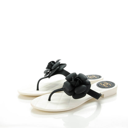 Chanel Jelly Quilted Camellia Thong Sandals 39 Black White 3 of 7
