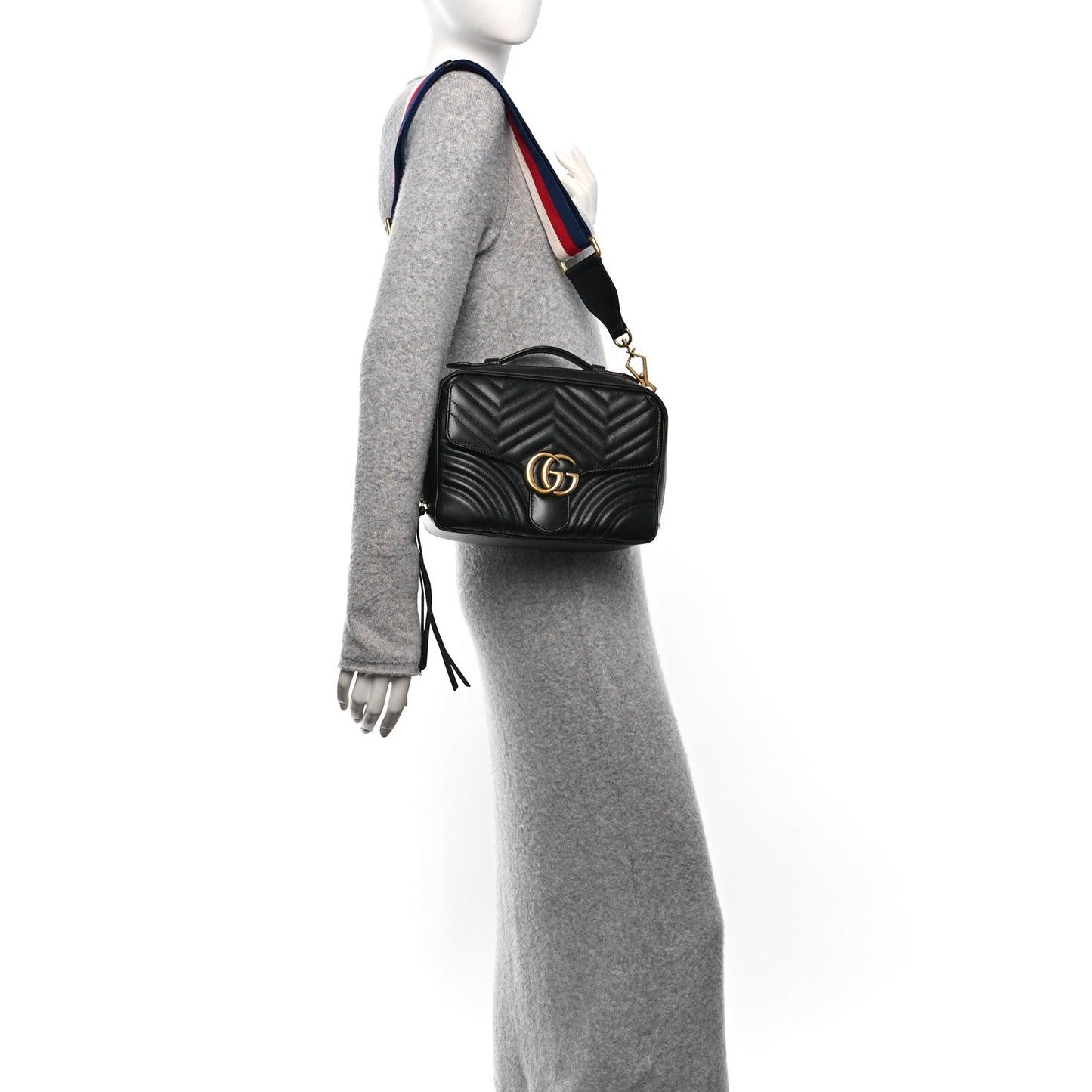 Calfskin Matelasse Sylvie Web Small GG Marmont Top Handle Shoulder Bag Black