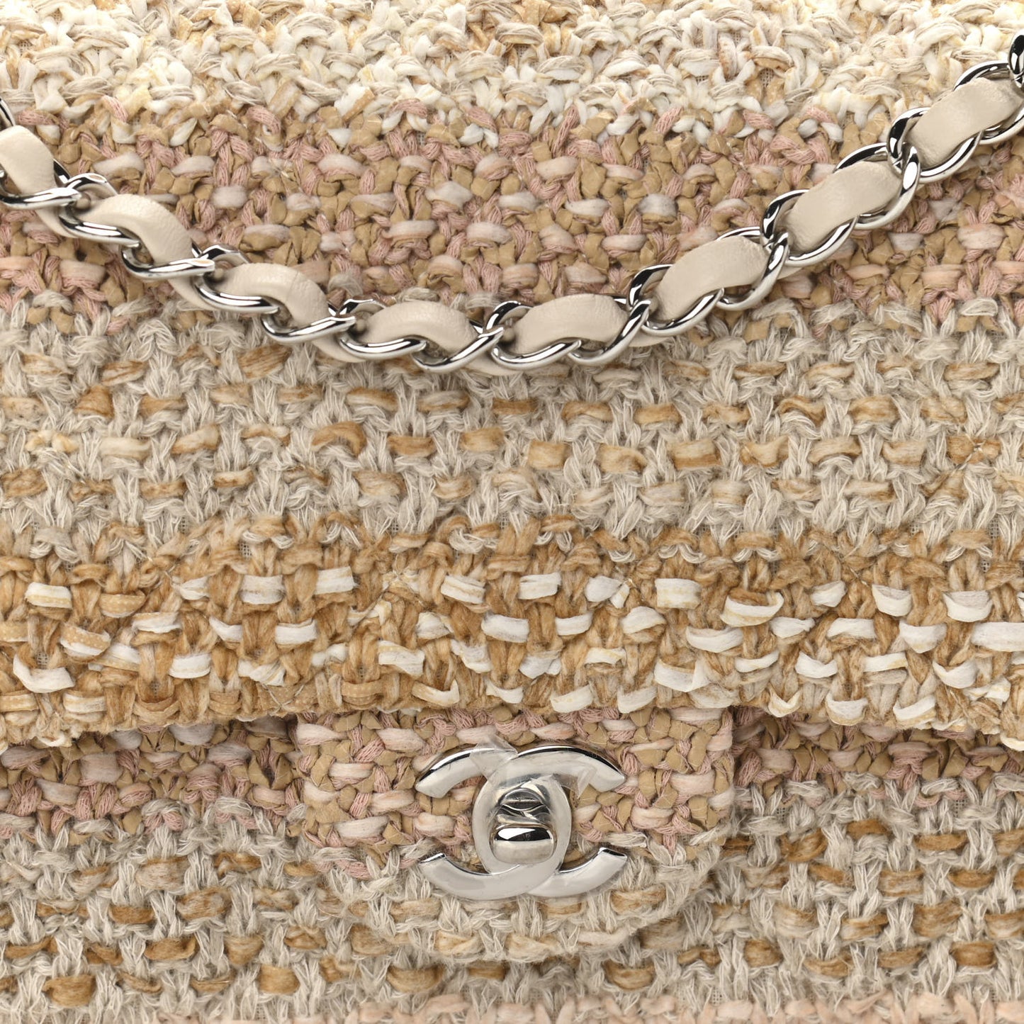 Tweed Quilted Medium Double Flap Beige Ecru Pink
