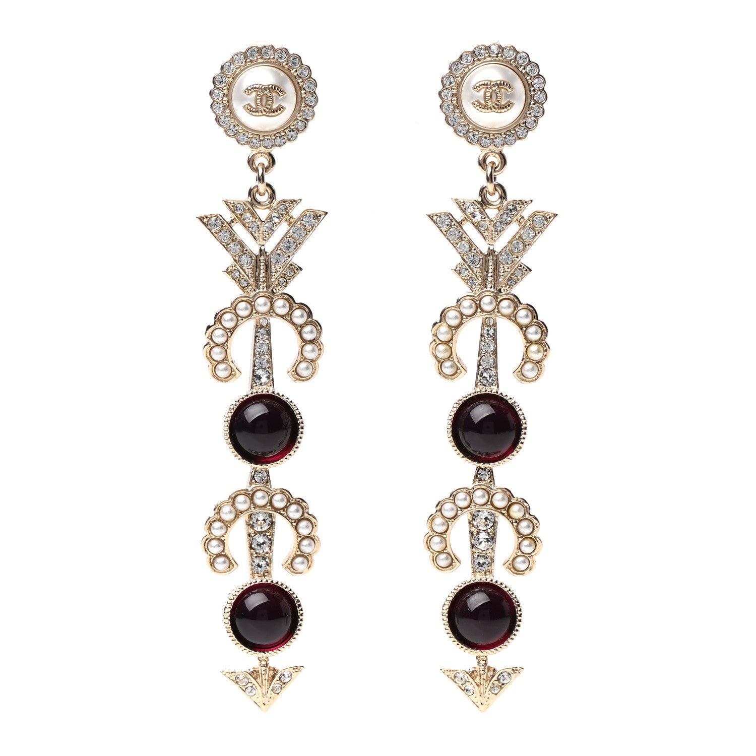 Chanel Pearl Crystal Queen of France CC Drop Earrings Gold 1 of 5
