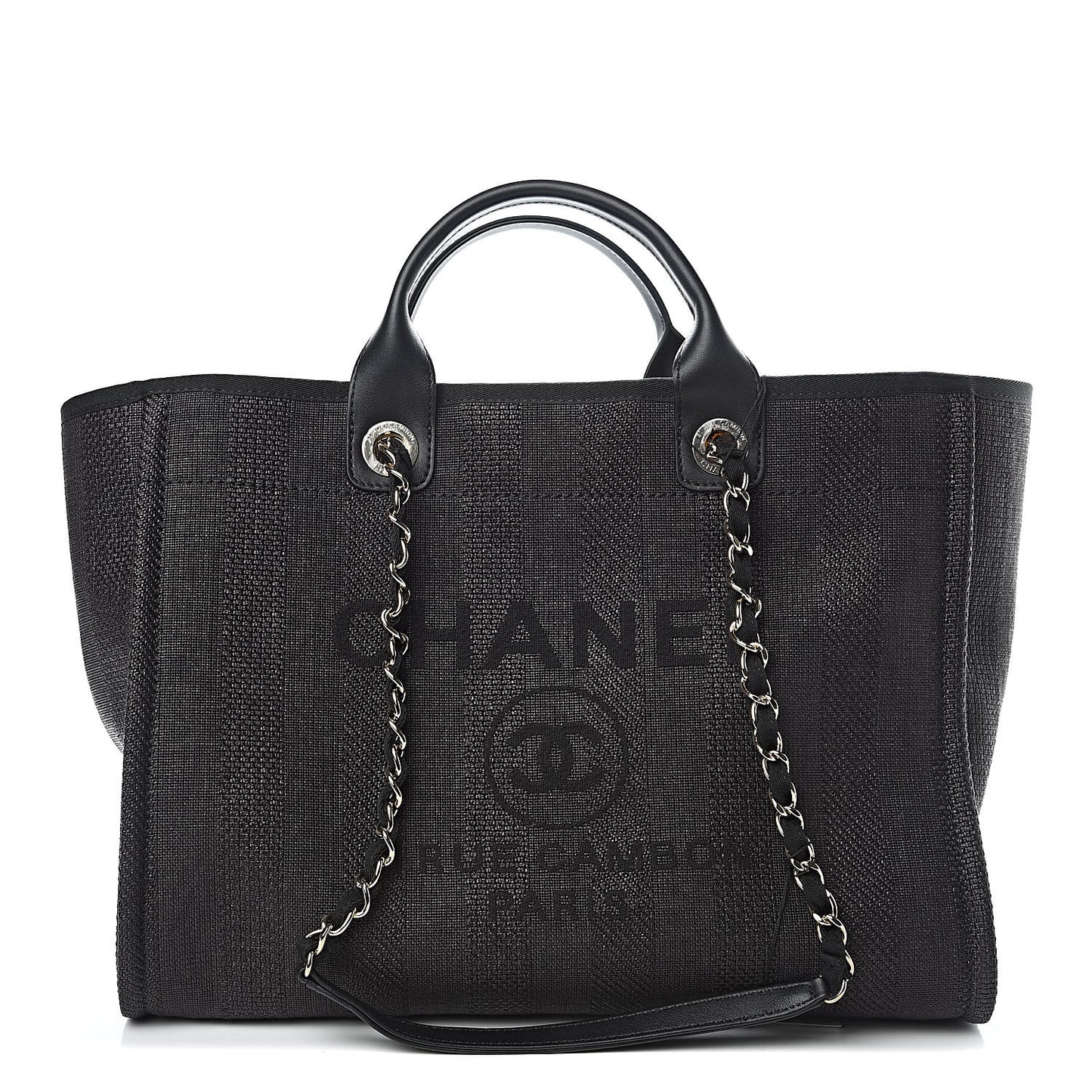 Woven Straw Raffia Striped Large Deauville Tote Black