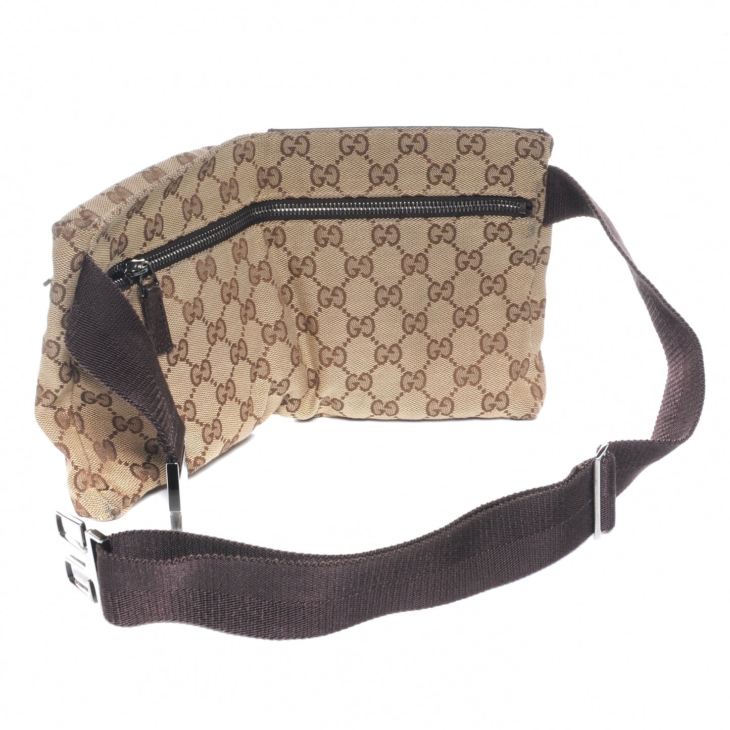 GG Monogram Web Double Pocket Belt Bag Dark Brown