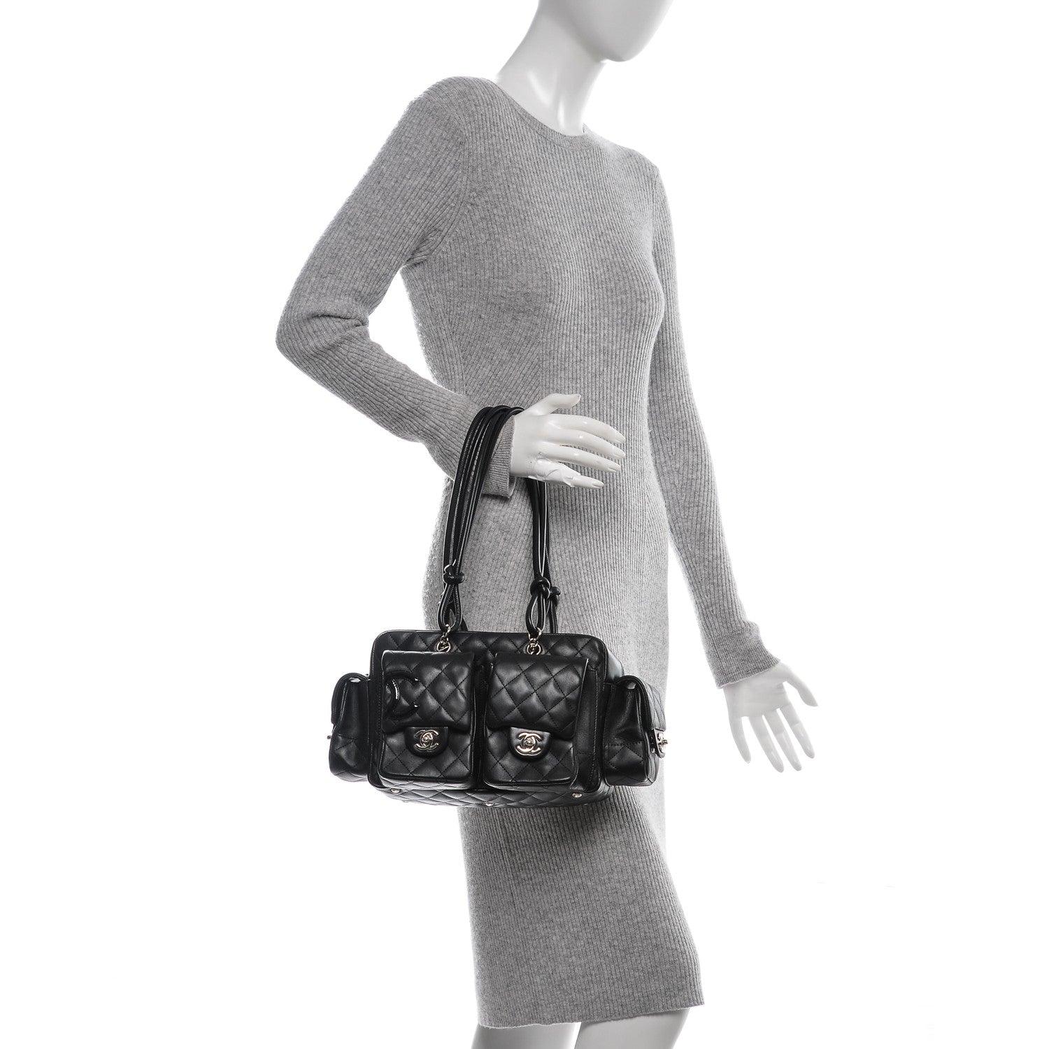 Chanel Calfskin Quilted Small Cambon Multipocket Reporter Black White 2 of 7