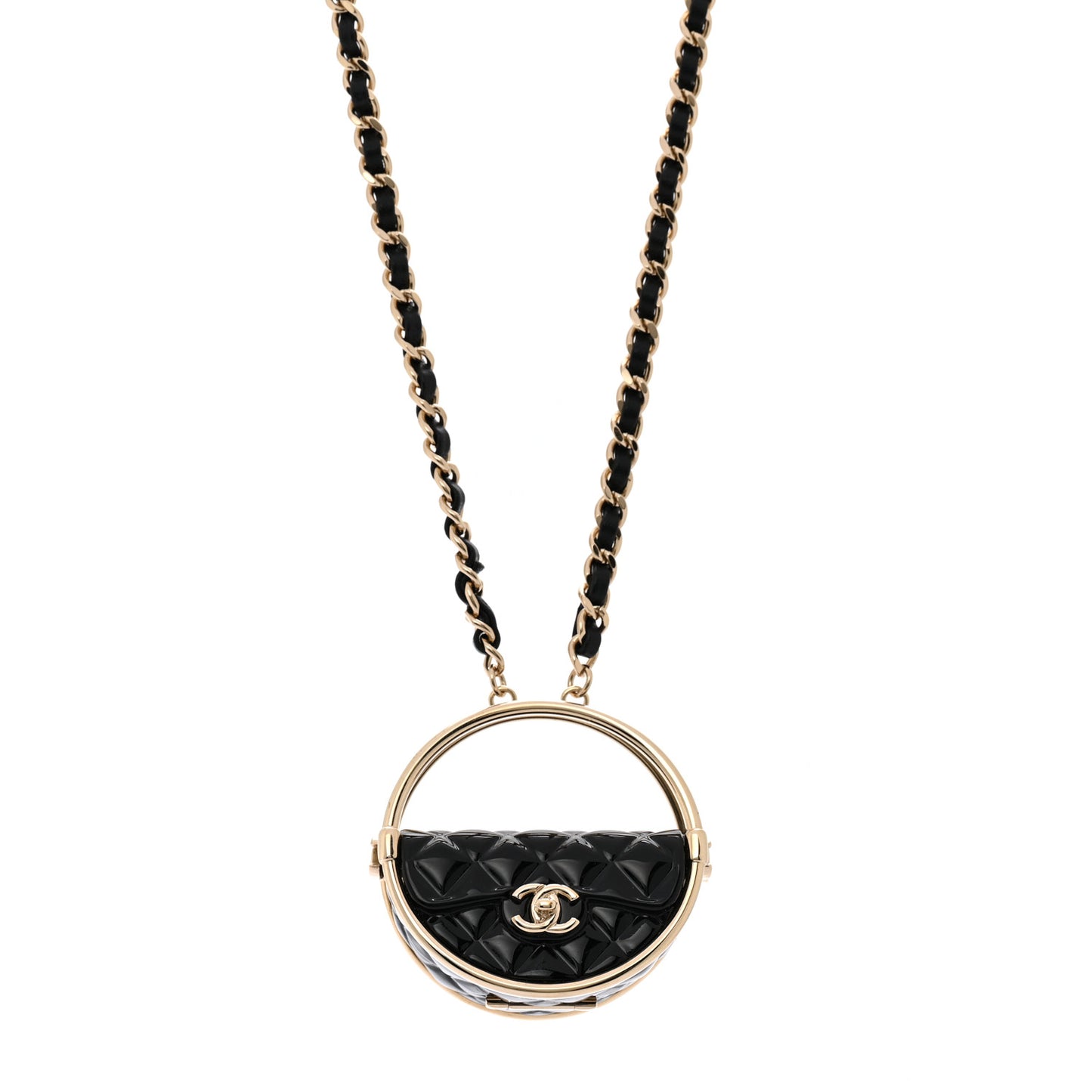 Metal Resin Quilted Flap Bag Hoop Mirror Necklace Black Gold