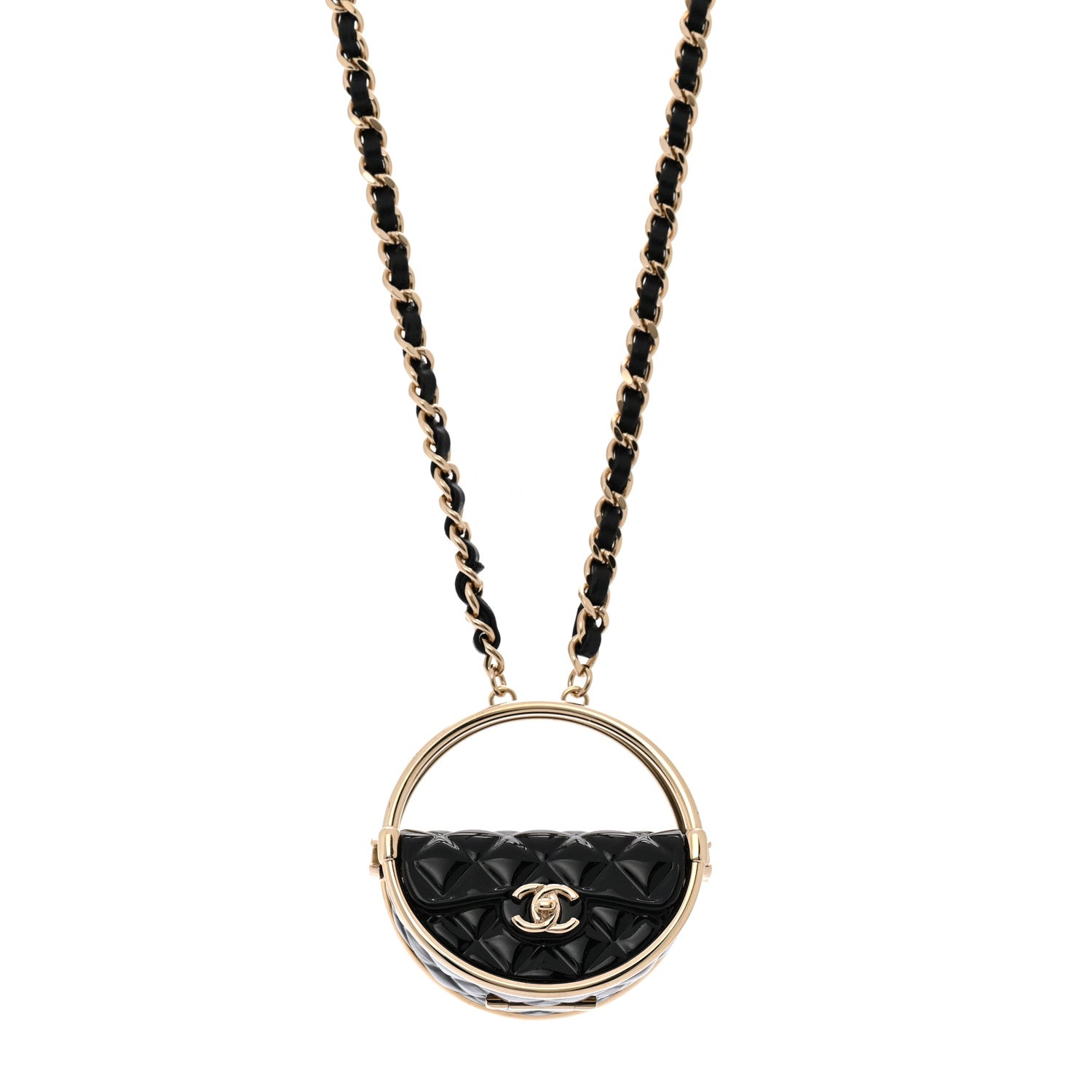 Chanel Metal Resin Quilted Flap Bag Hoop Mirror Necklace Black Gold 1 of 7