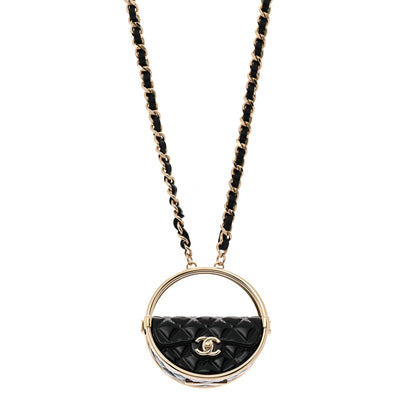 Chanel Metal Resin Quilted Flap Bag Hoop Mirror Necklace Black Gold 1 of 7