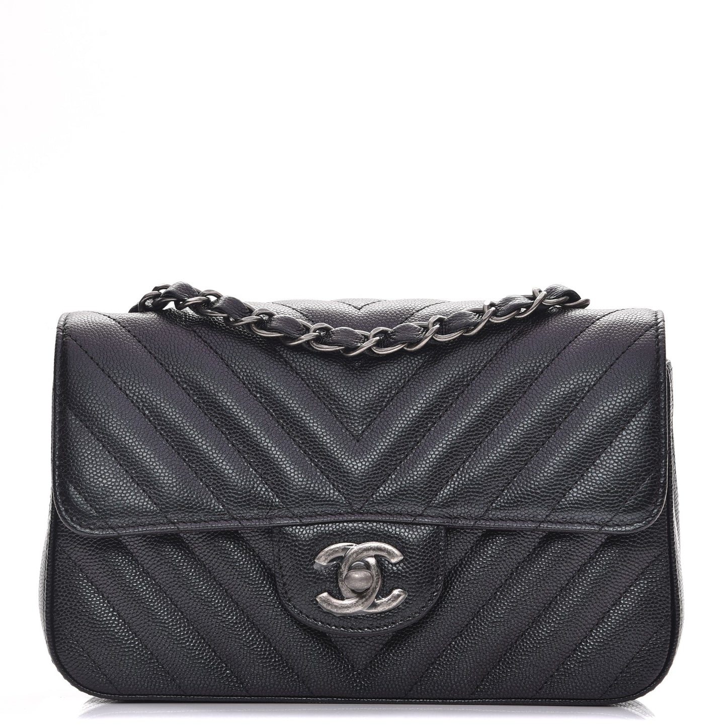 Metallic Caviar Chevron Quilted Mini Rectangular Flap Black