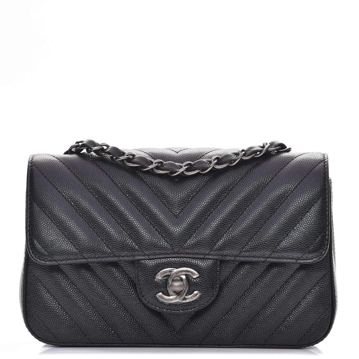Chanel Metallic Caviar Chevron Quilted Mini Rectangular Flap Black 1 of 8
