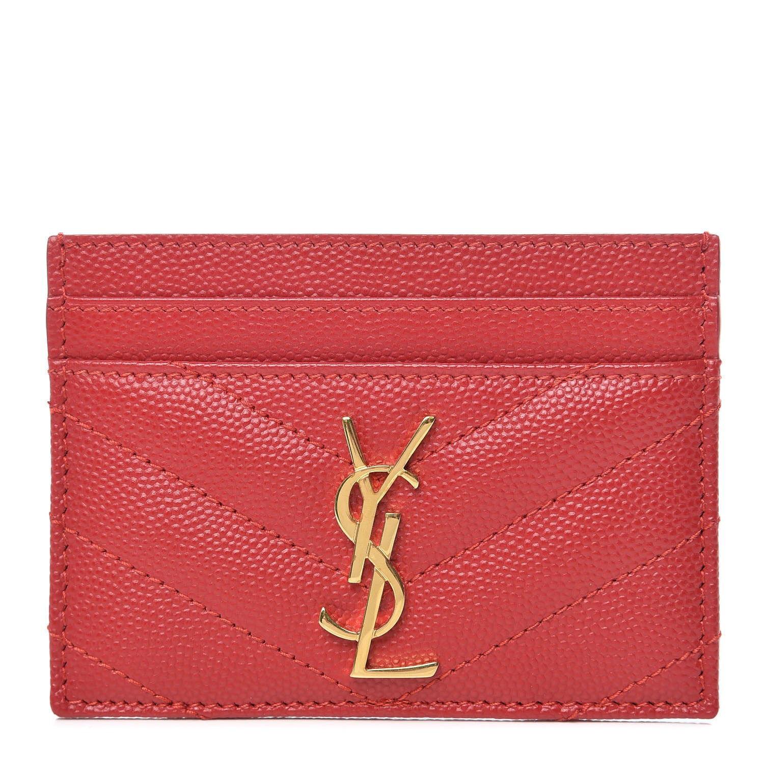 Saint Laurent Grain De Poudre Matelasse Chevron Monogram Credit Card Case New Red 1 of 7