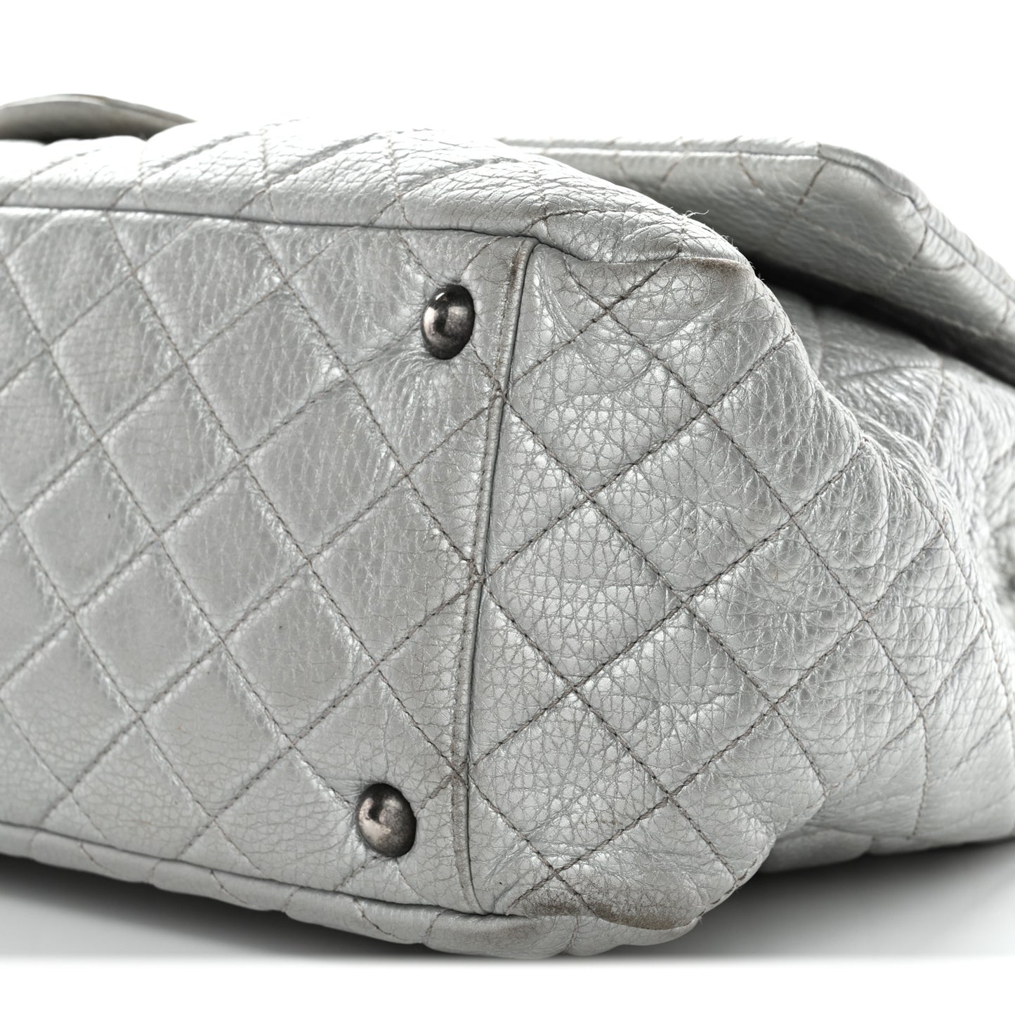 Metallic Calfskin Quilted XXL Travel Flap Bag Silver