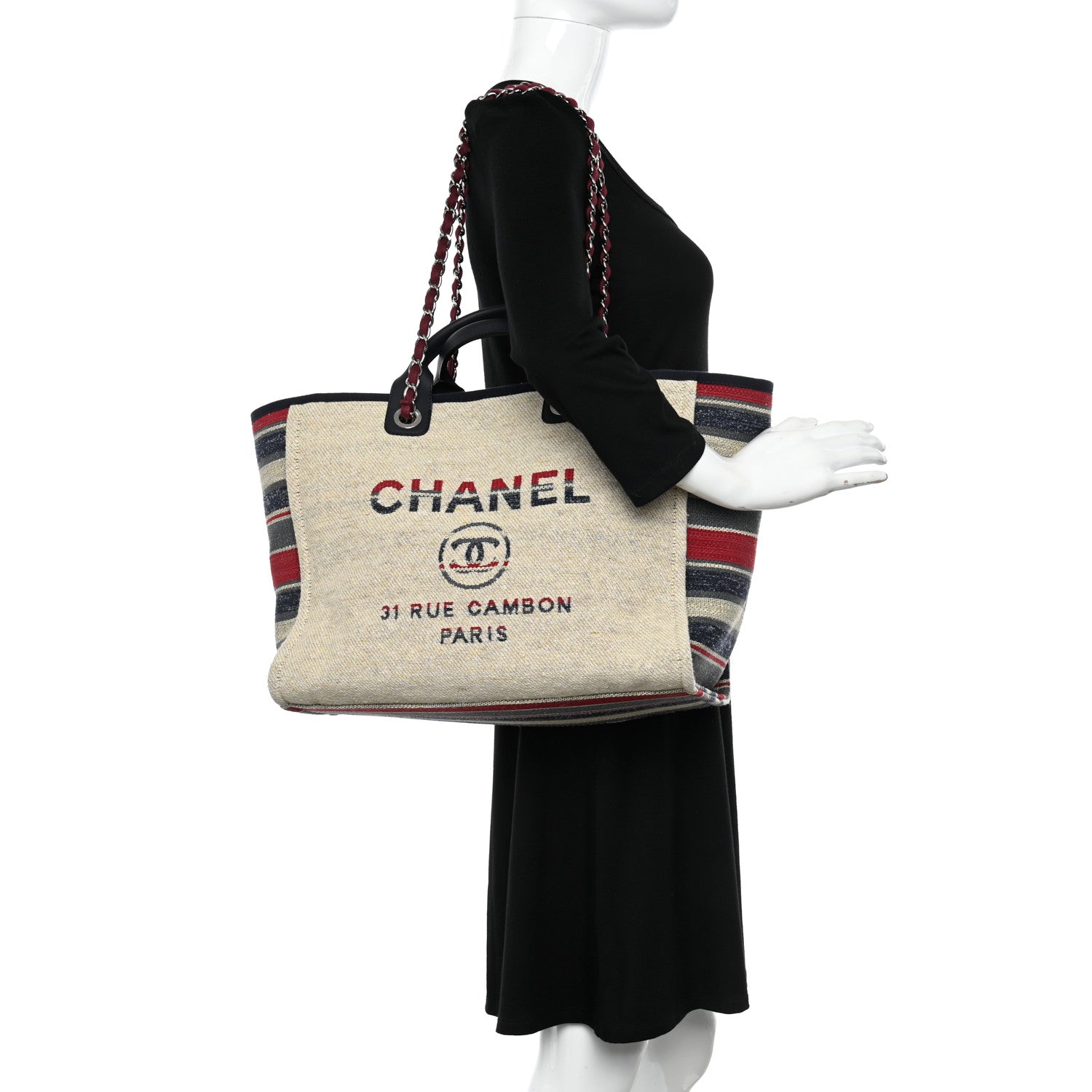 Chanel Striped Canvas Medium Deauville Tote Beige 3 of 13