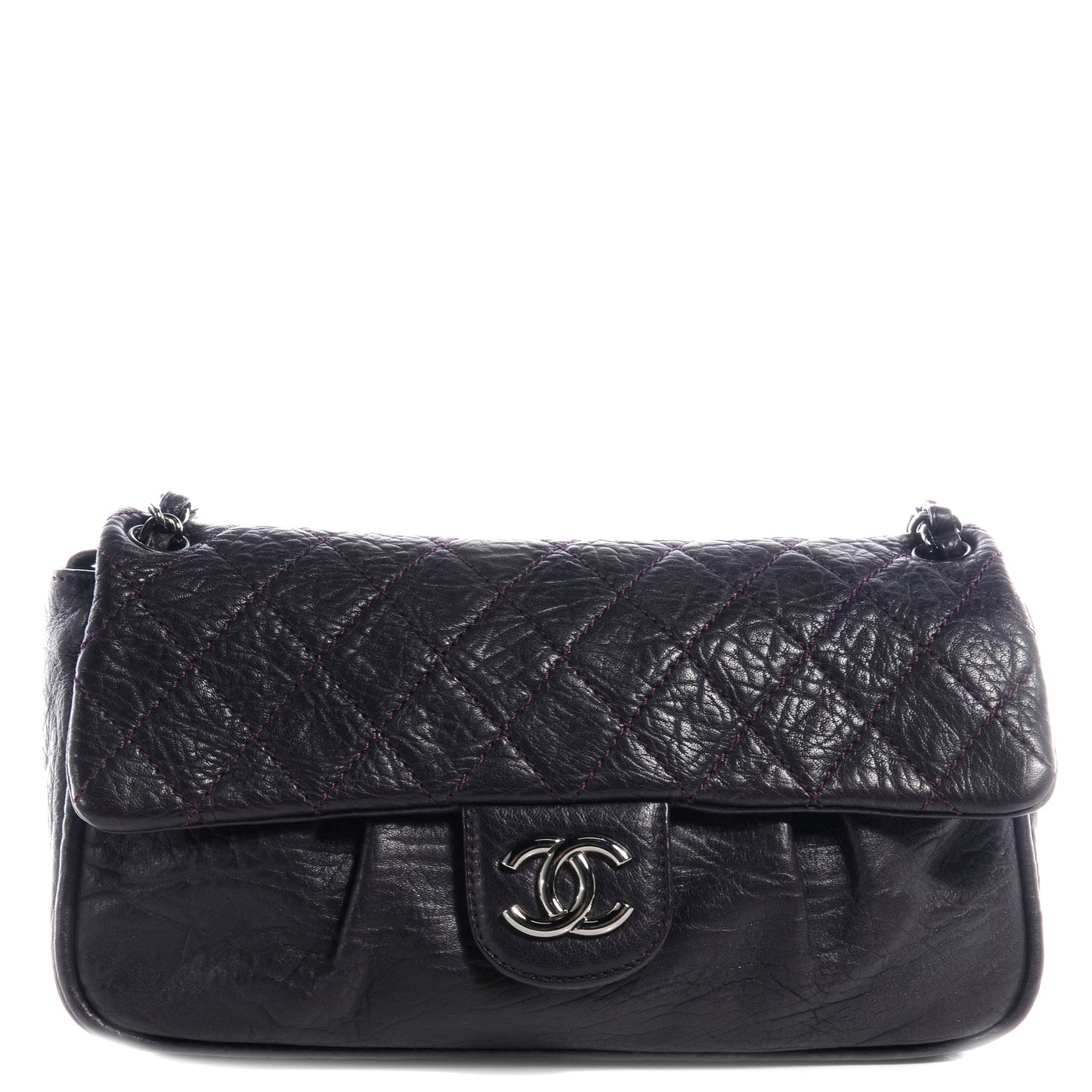 Distressed Lambskin Lady Braid Flap Dark Purple