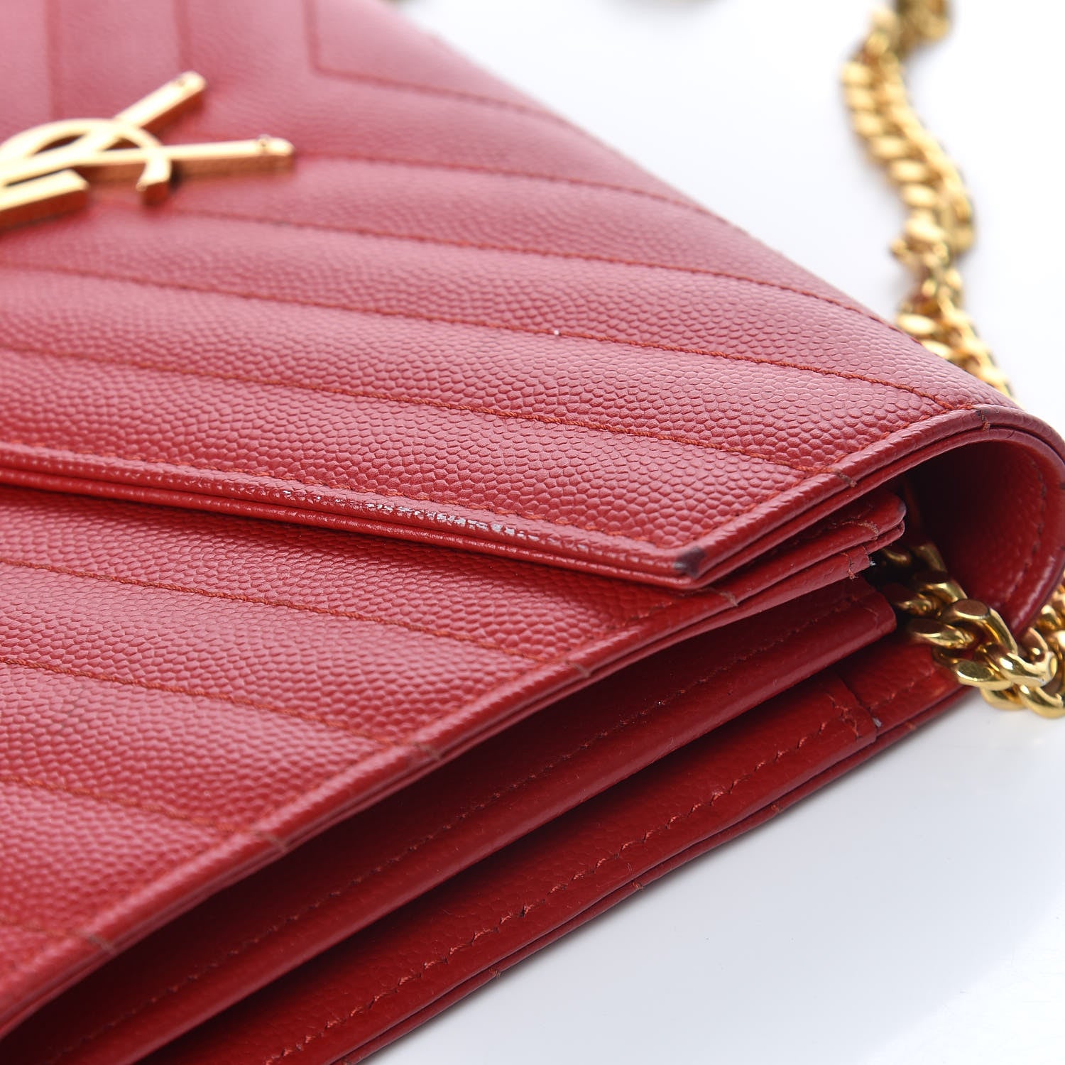 Saint Laurent Grain De Poudre Matelasse Chevron Monogram Chain Wallet New Red 8 of 14