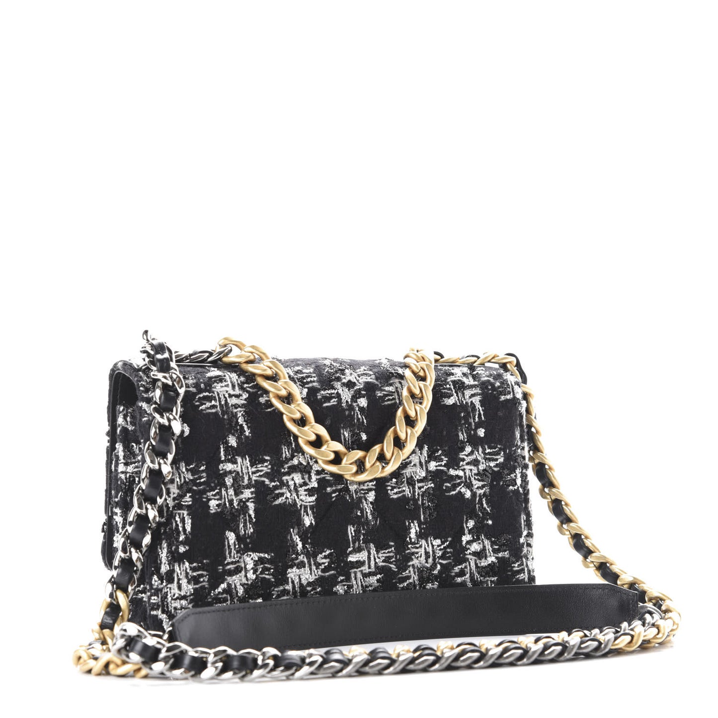 Wool Tweed Lambskin Quilted Chanel 19 Wallet On Chain WOC Black