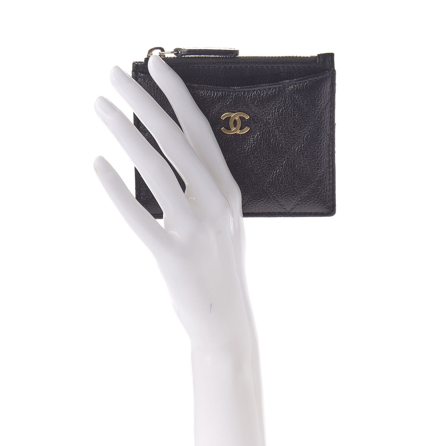 Letter Calfskin Embossed Quilted CC Zip Card Holder Black
