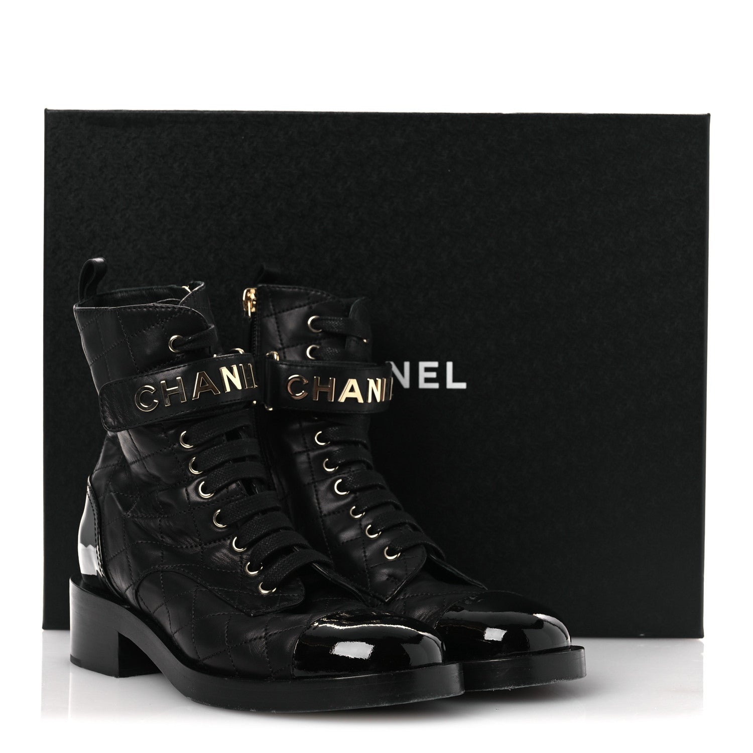Chanel Lambskin Patent Calfskin Quilted Logo Lace Up Combat Boots 38 Black 11 of 11