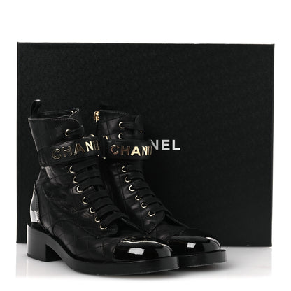 Chanel Lambskin Patent Calfskin Quilted Logo Lace Up Combat Boots 38 Black 11 of 11