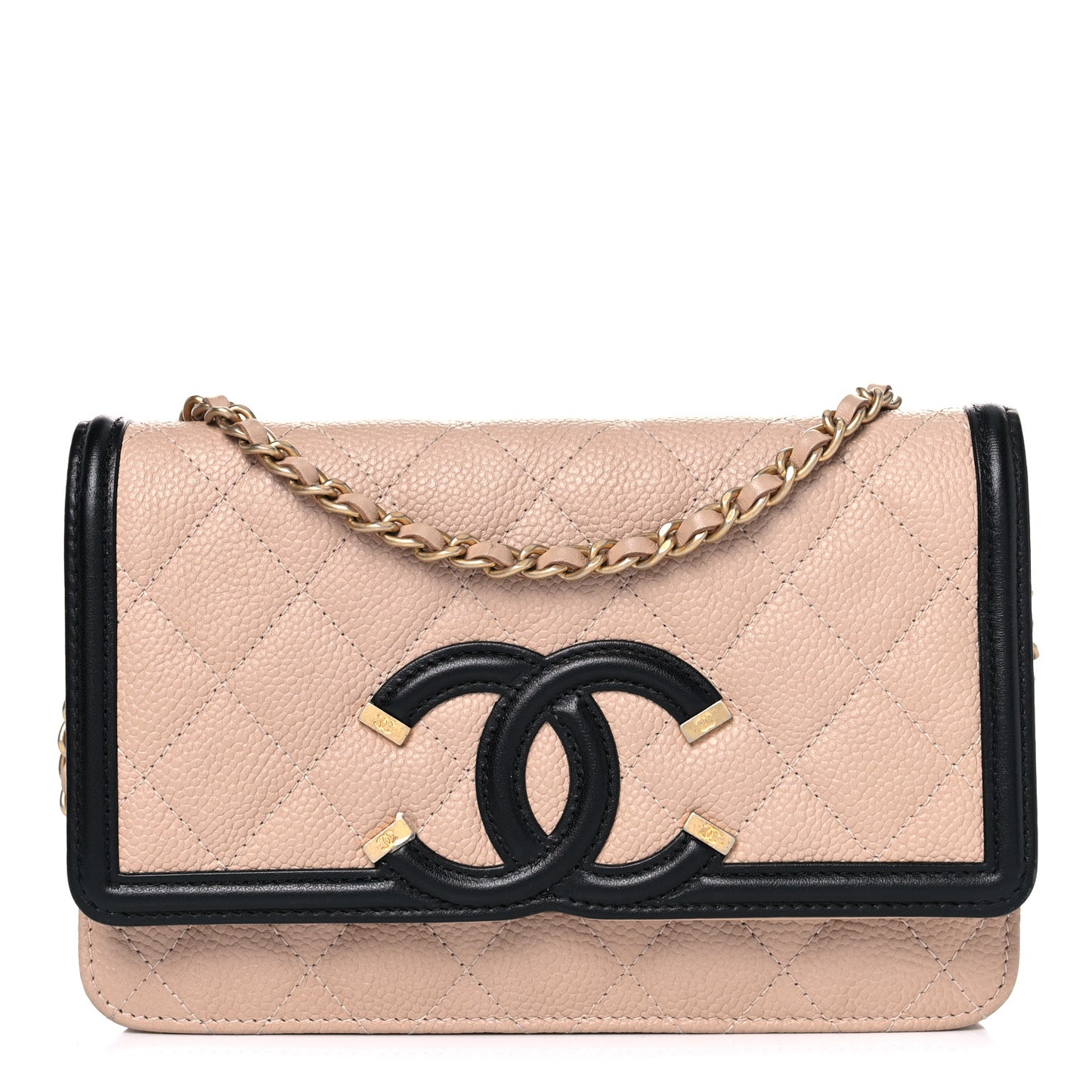 Caviar Quilted CC Filigree Wallet On Chain WOC Beige Black