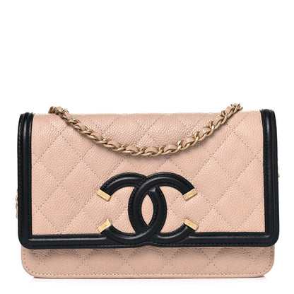 Chanel Caviar Quilted CC Filigree Wallet On Chain WOC Beige Black 1 of 13