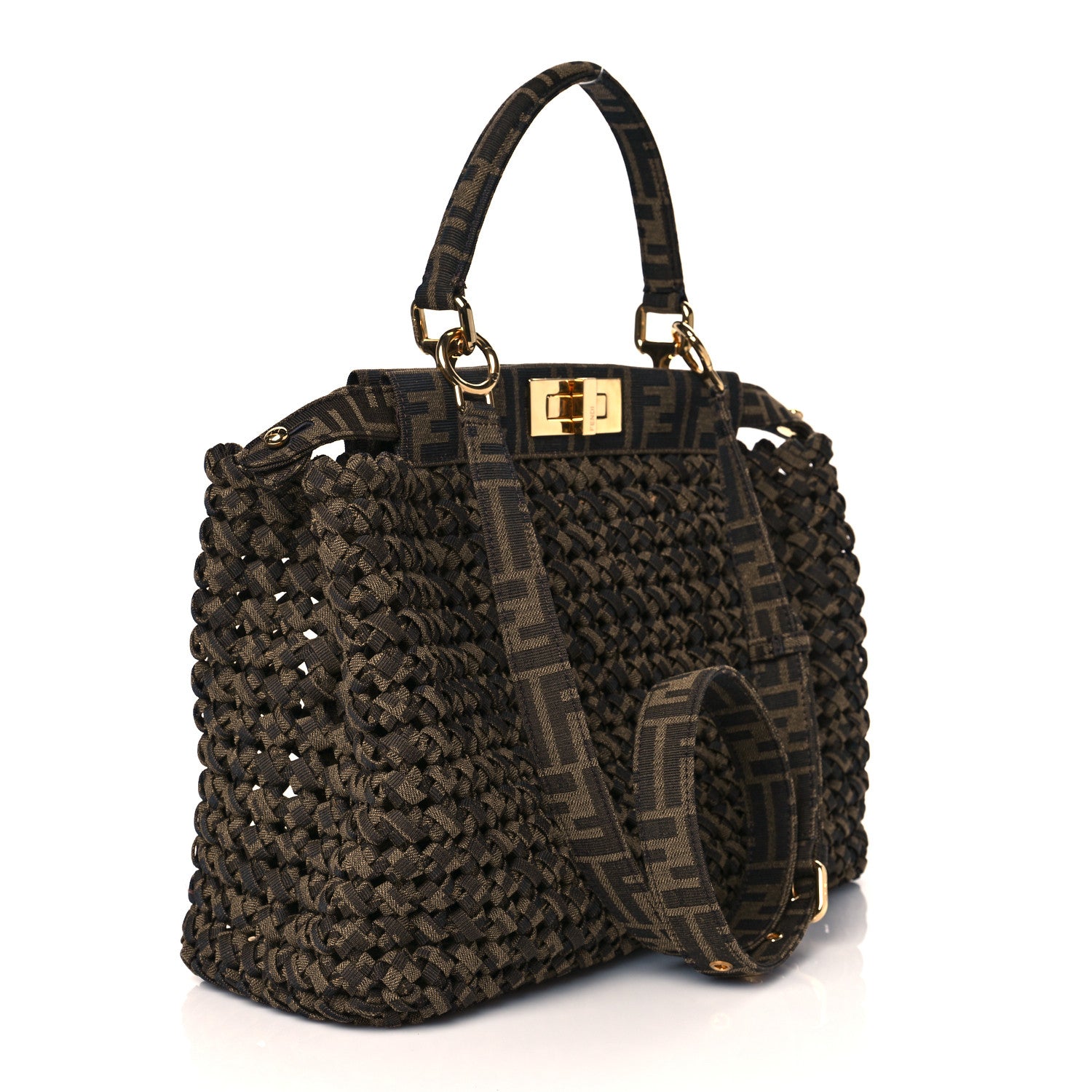Fendi Fabric Jacquard FF 1974 Woven Knotted Medium Peekaboo Iconic Satchel Tobacco Moro 2 of 10