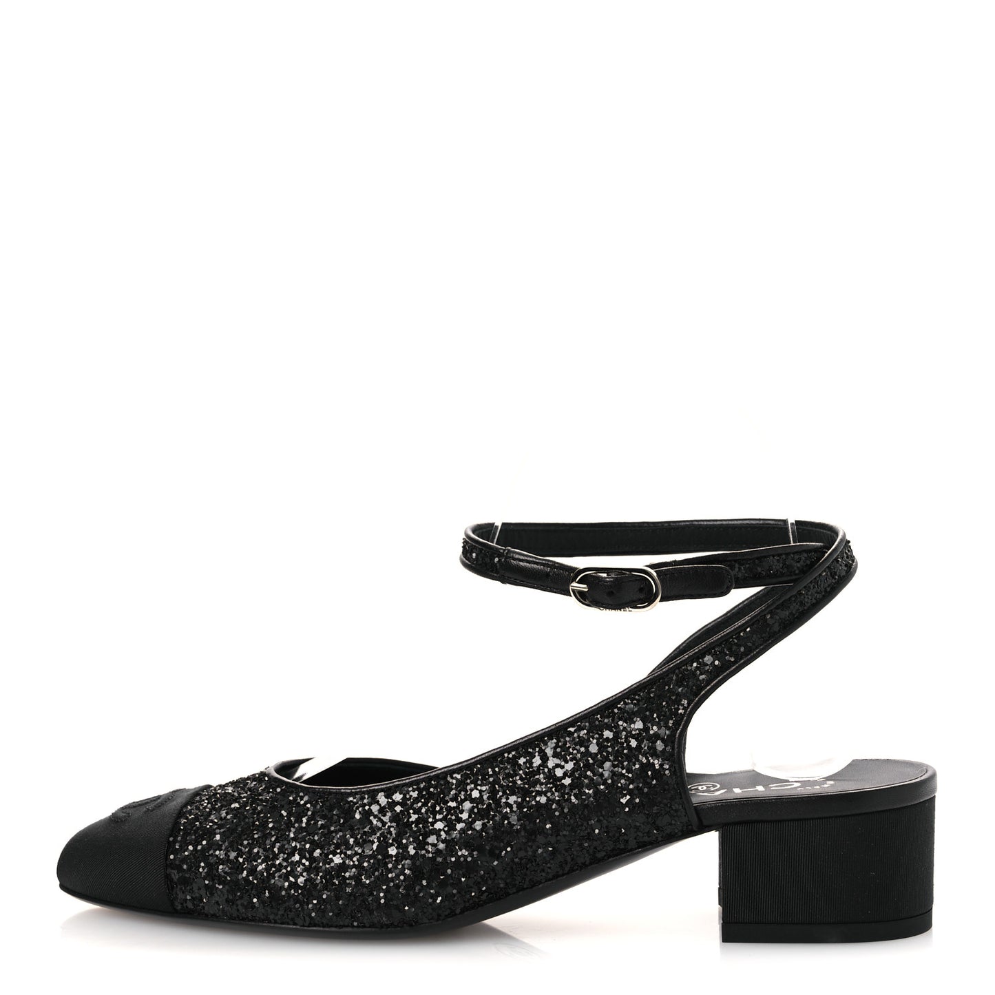 Glitter Grosgrain Cap Toe CC Ankle Wrap Pumps 38 Black