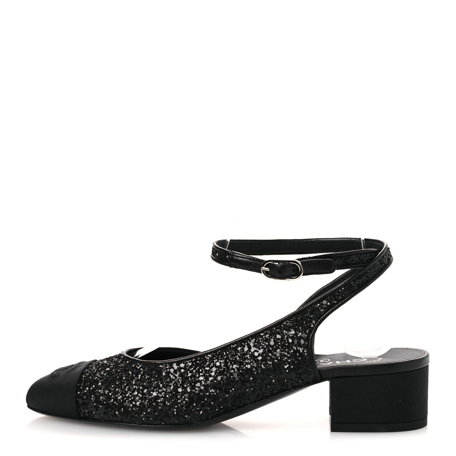 Chanel Glitter Grosgrain Cap Toe CC Ankle Wrap Pumps 38 Black 1 of 11