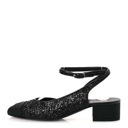 Chanel Glitter Grosgrain Cap Toe CC Ankle Wrap Pumps 38 Black 1 of 11