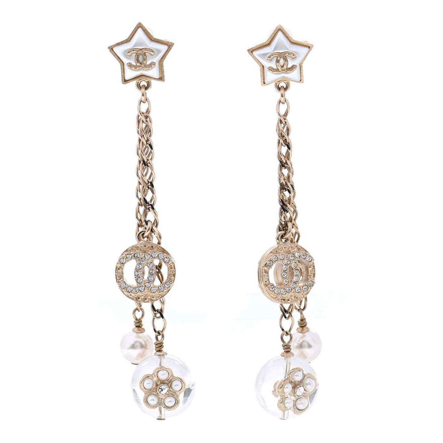 Crystal Pearl Resin CC Star Dangle Earrings Gold