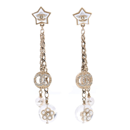 Chanel Crystal Pearl Resin CC Star Dangle Earrings Gold 1 of 4