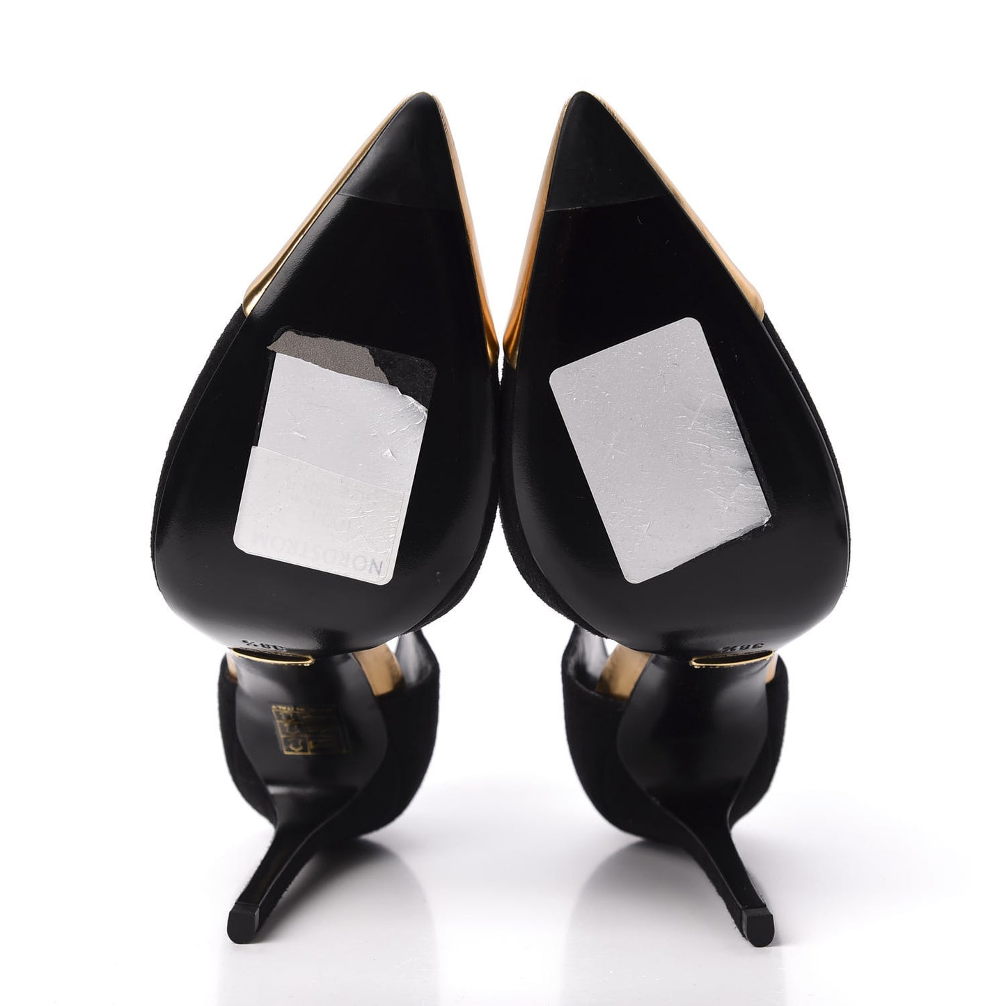 Suede Metallic Cap Toe T-Strap Coline Pumps 38.5 Black Gold