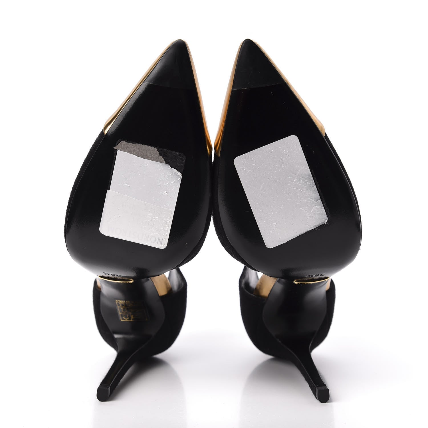 Gucci Suede Metallic Cap Toe T-Strap Coline Pumps 38.5 Black Gold 5 of 7