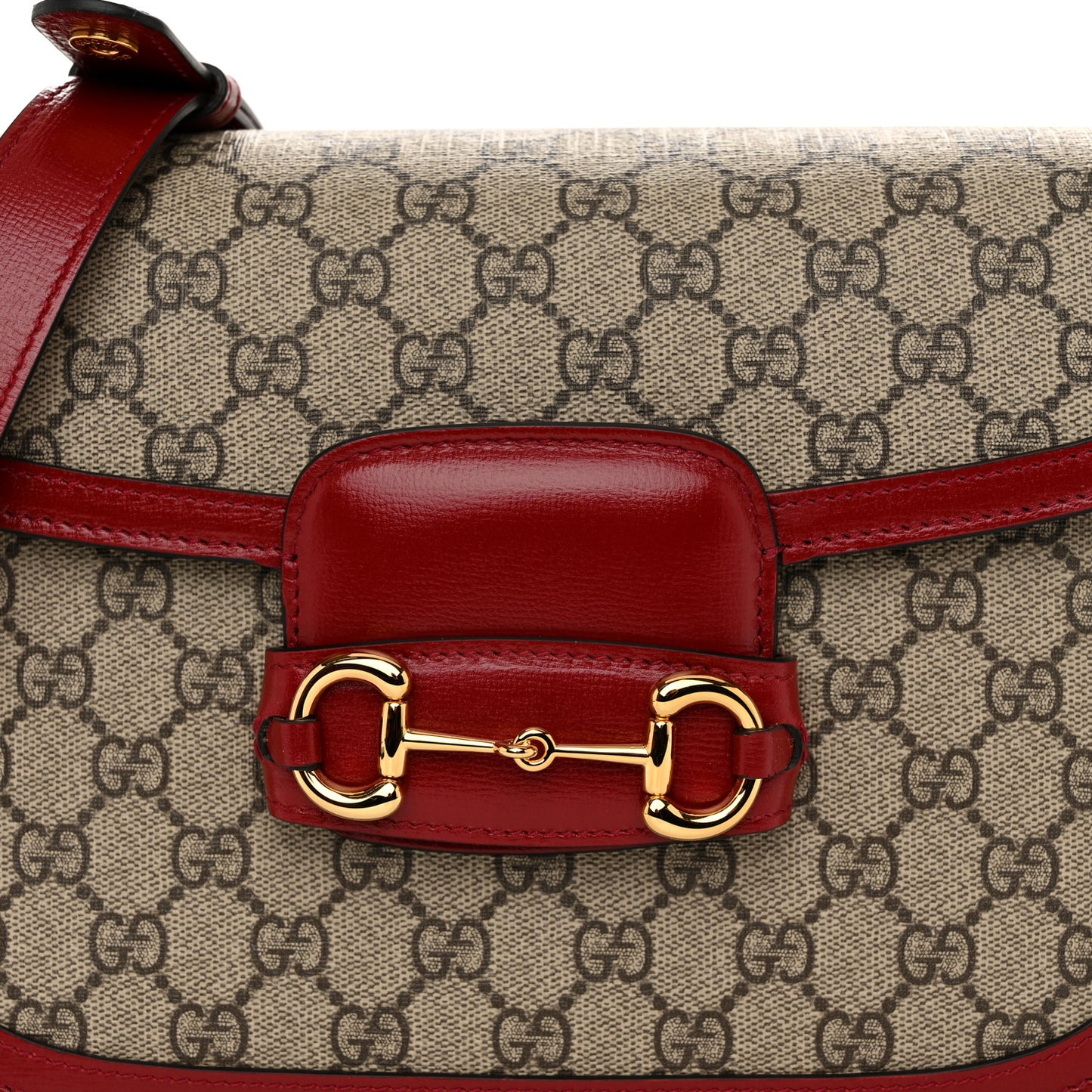 GG Supreme Monogram Azalea Calfskin Horsebit 1955 Shoulder Bag Beige Ebony New Cherry Red