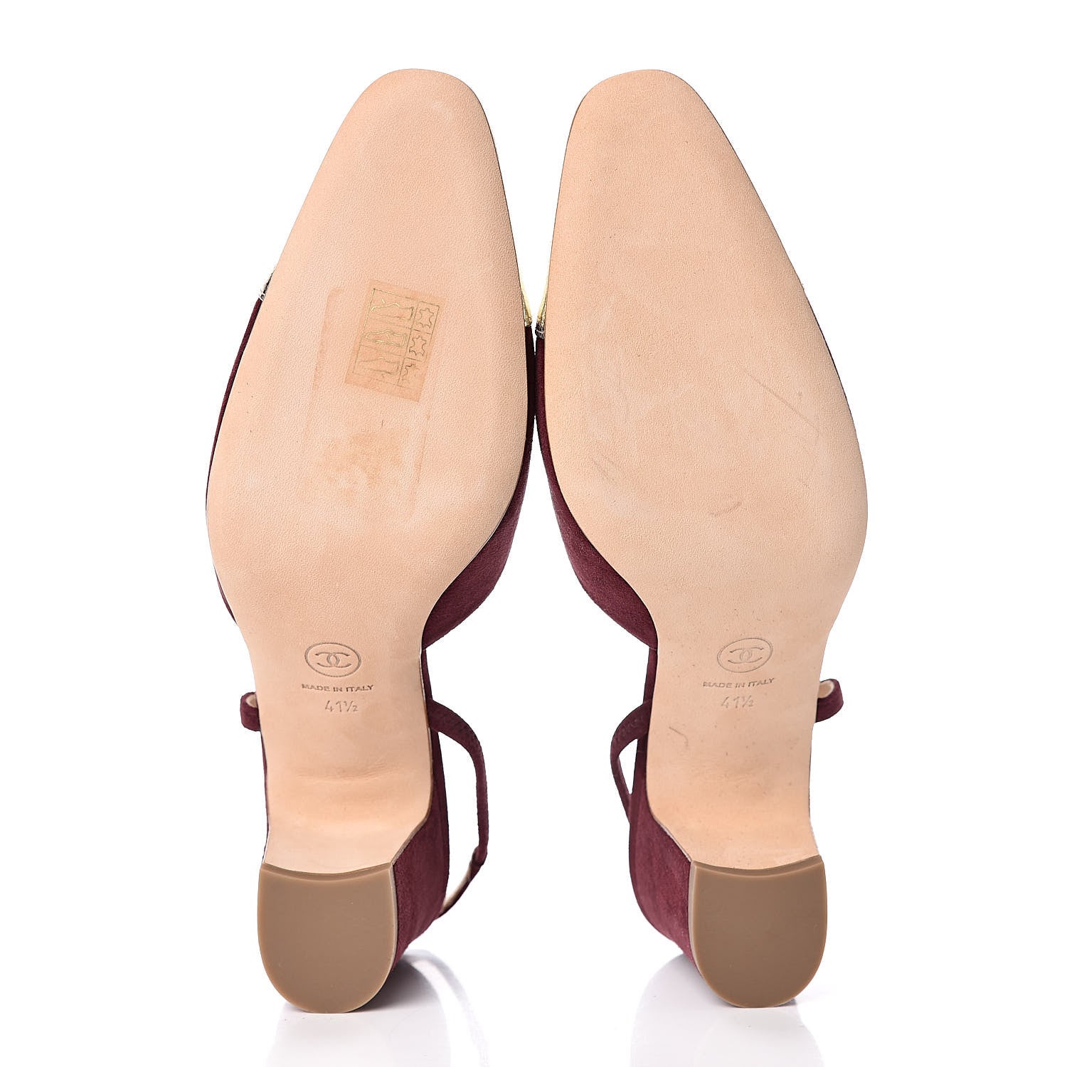 Chanel Kid Suede Metallic Lambskin Cap Toe CC Slingback Pumps 41.5 Burgundy Gold 5 of 9