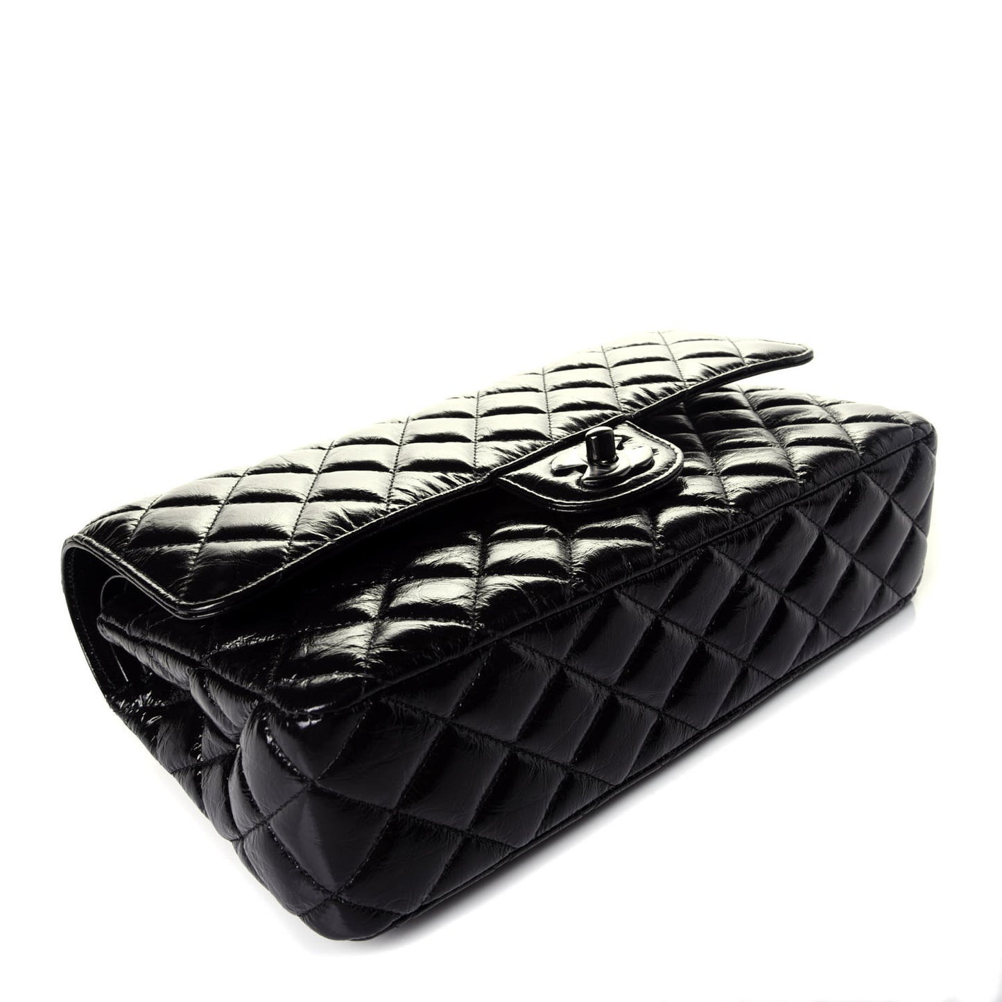 Shiny Crumpled Calfskin Quilted Medium Double Flap So Black