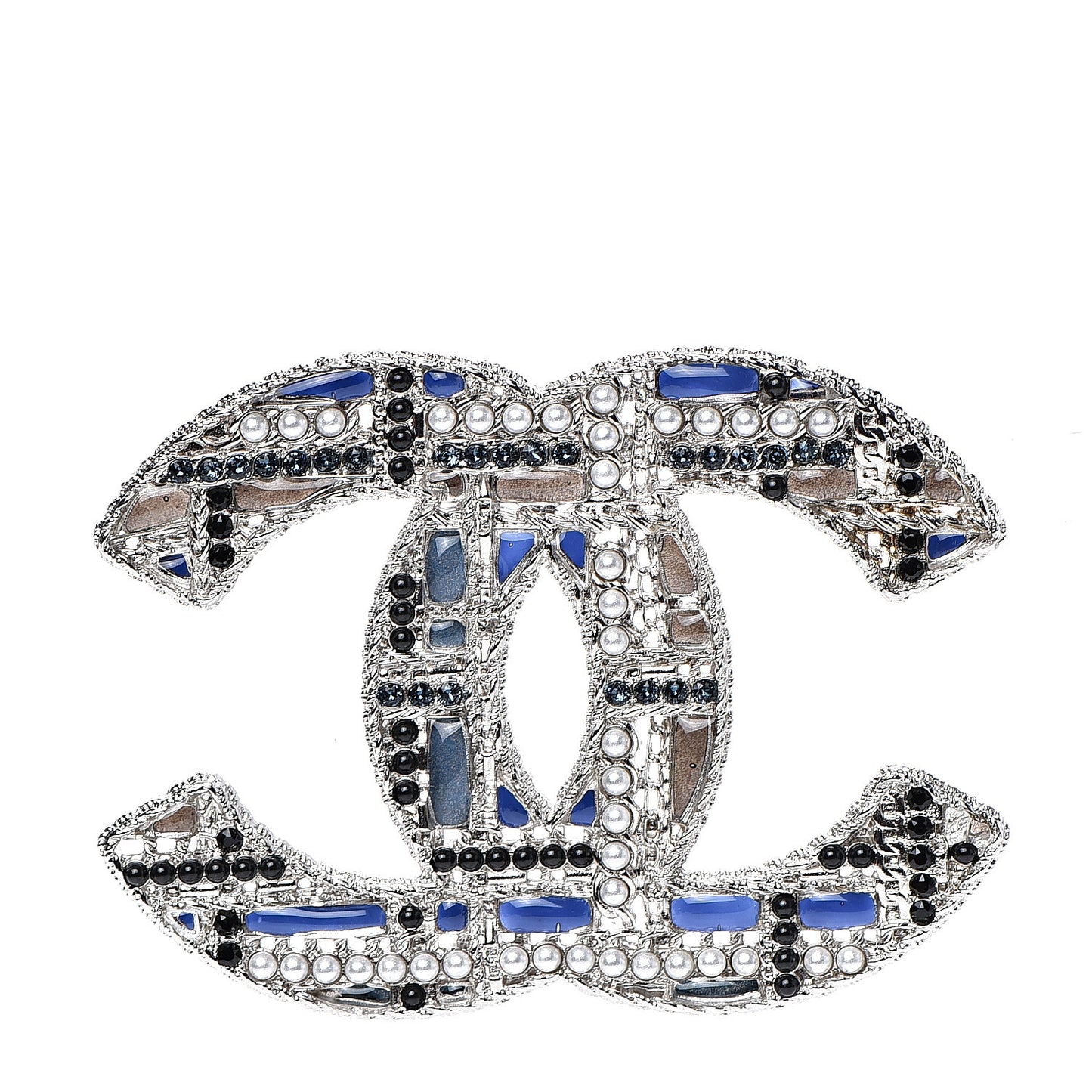 Crystal Pearl CC Tweed Brooch Silver Black