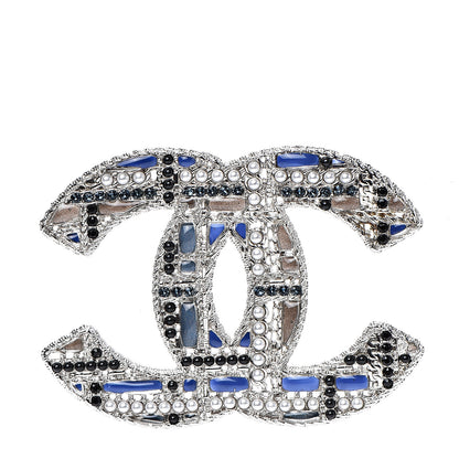Chanel Crystal Pearl CC Tweed Brooch Silver Black 1 of 5