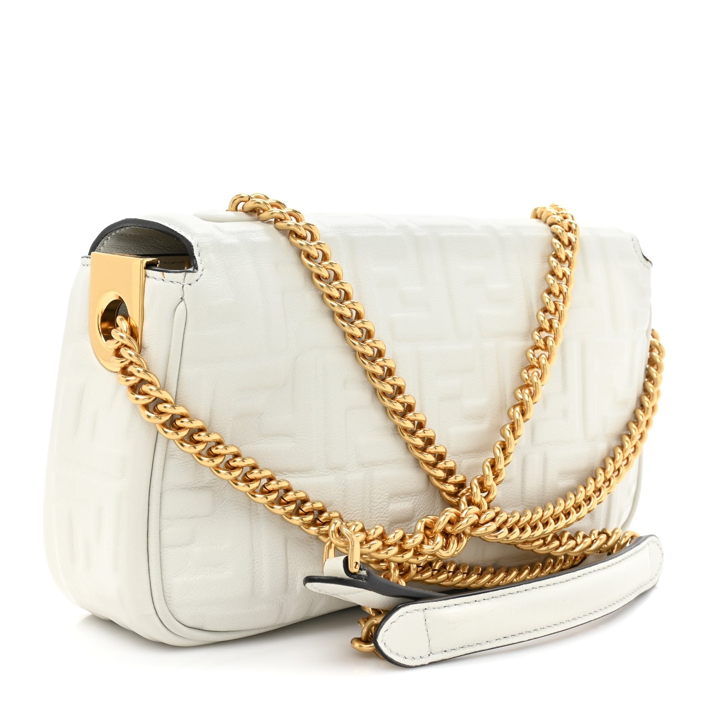 Nappa Small FF Embossed Midi Chain Baguette White