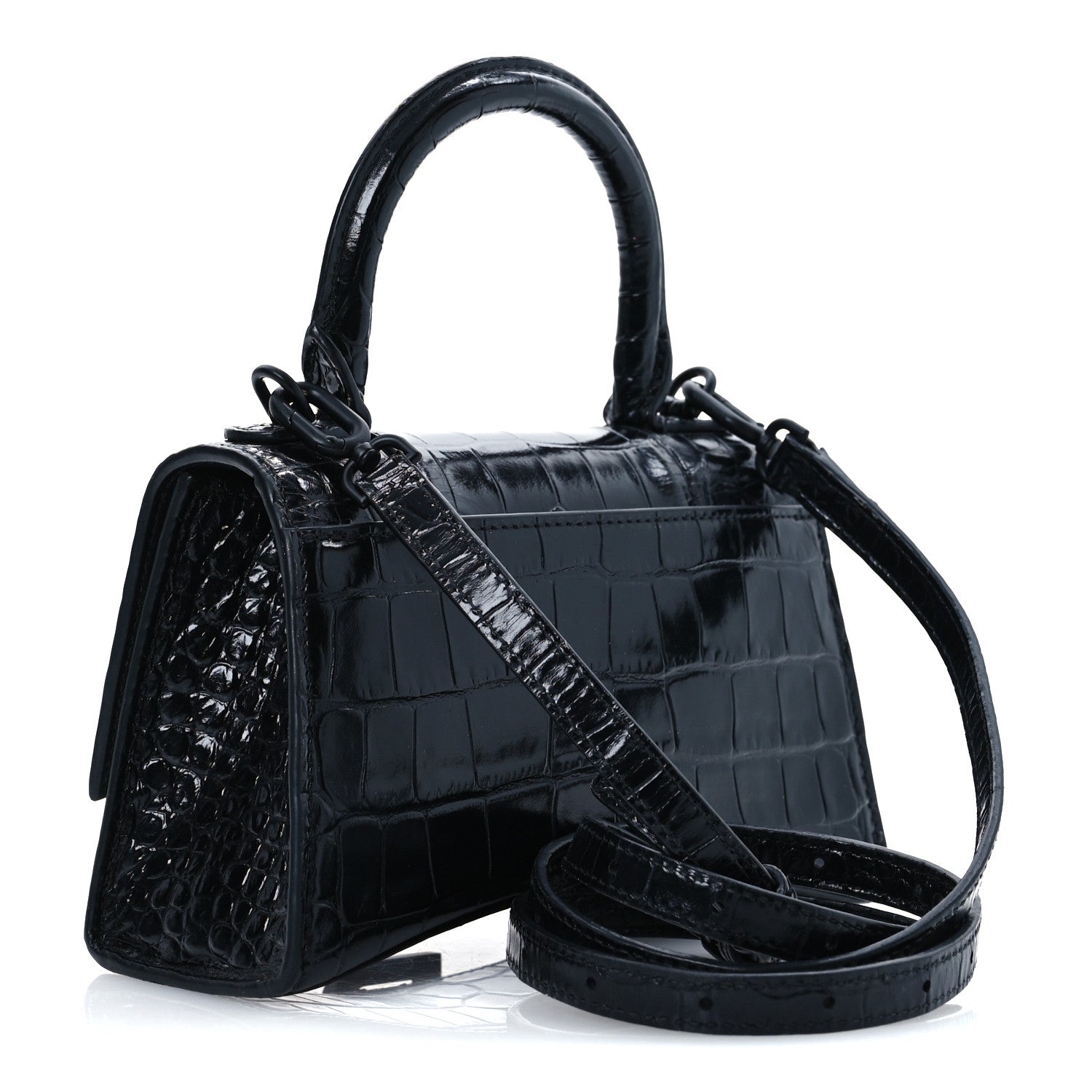 Balenciaga Shiny Calfskin Monochrome Crocodile Embossed Hourglass Top Handle Bag XS Black 3 of 15