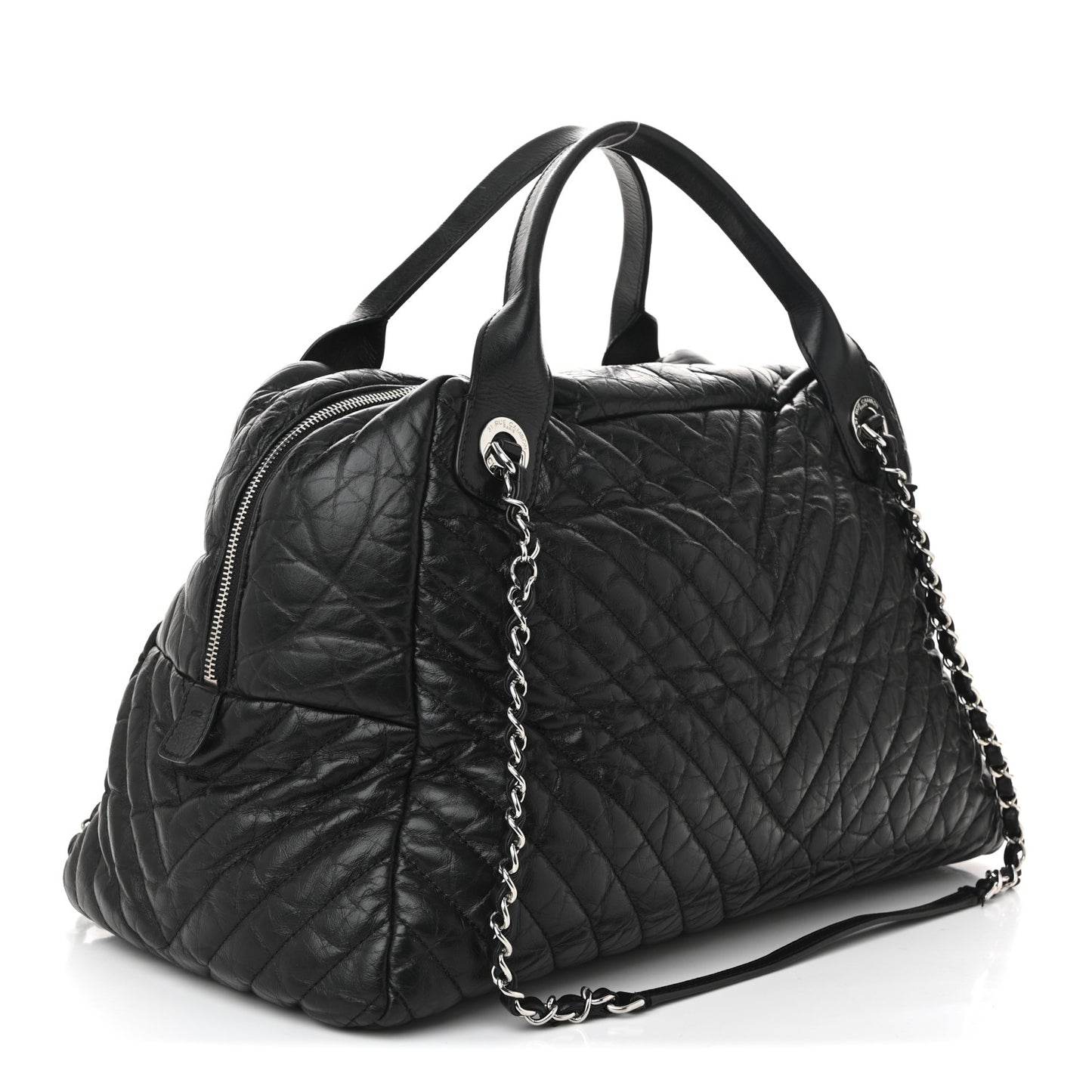 Aged Calfskin Chevron Large Soft Bowling Bag Black