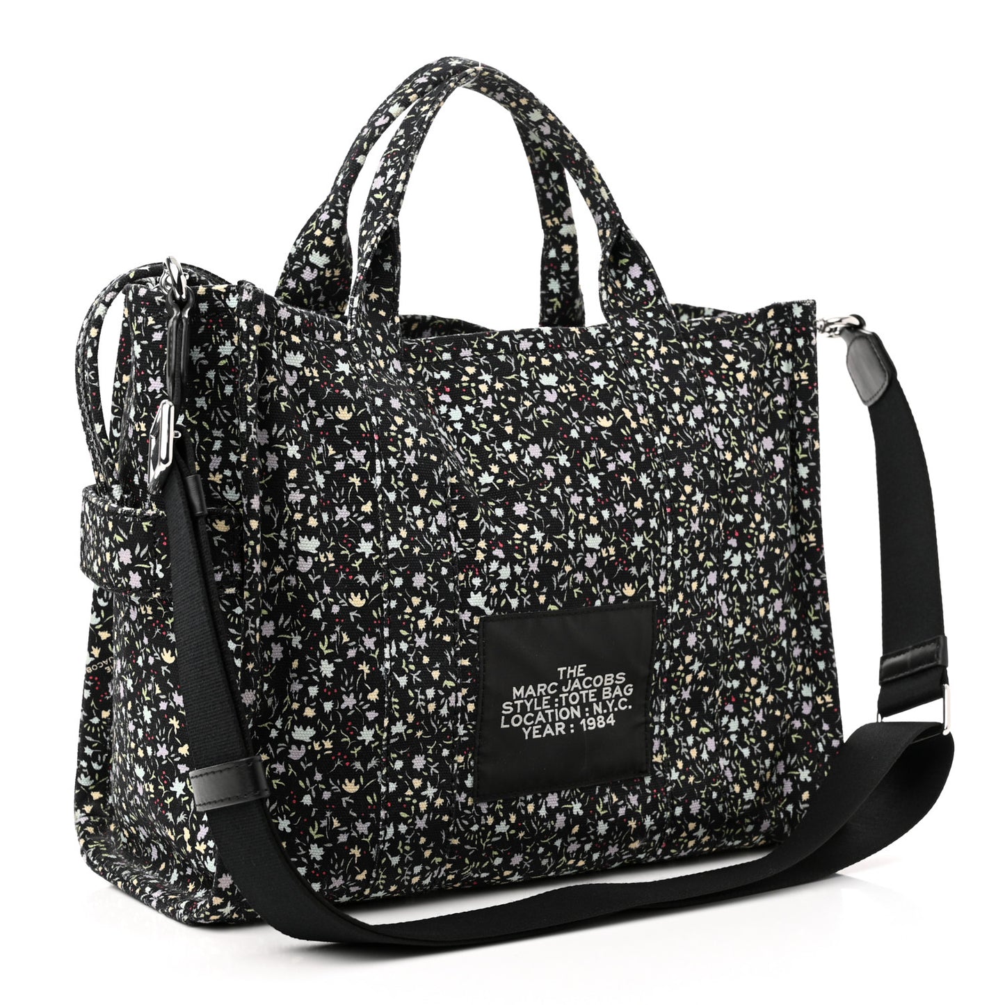 Cotton Canvas Floral Print Medium The Traveler Tote Bag Black