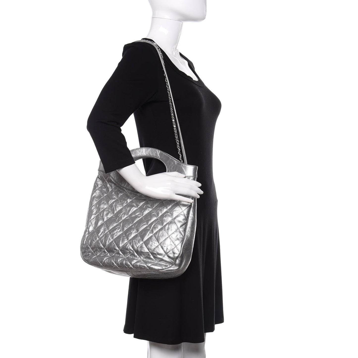 Metallic Crumpled Calfskin Small 31 Shopping Bag Silver