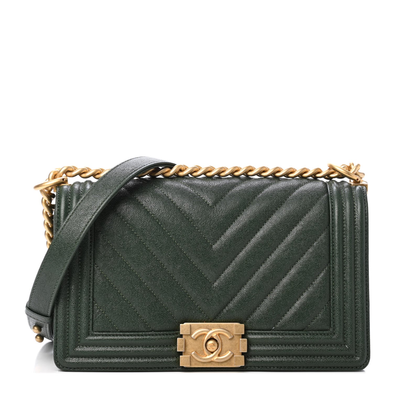 Chanel Caviar Chevron Quilted Medium Boy Flap Green 1 of 4