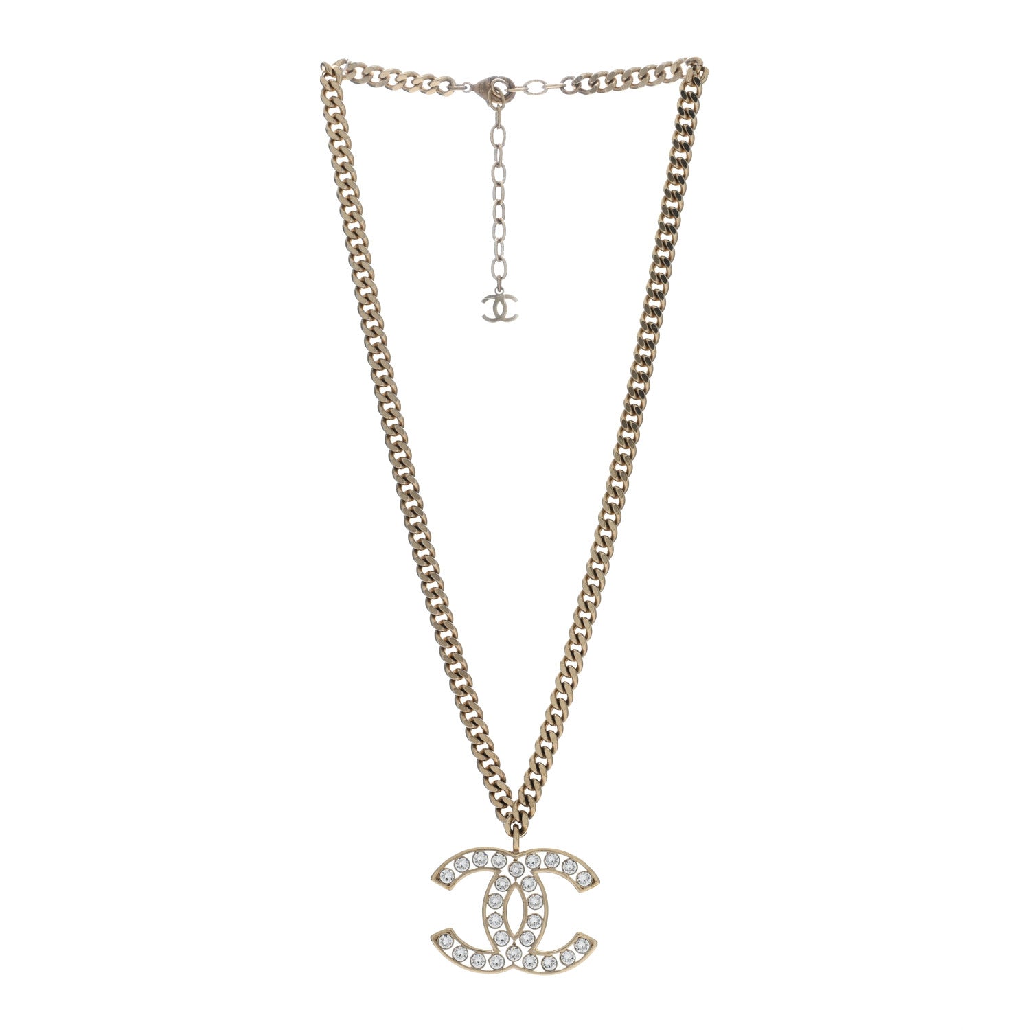 Chanel Metal Crystal CC Pendant Necklace Gold 2 of 5