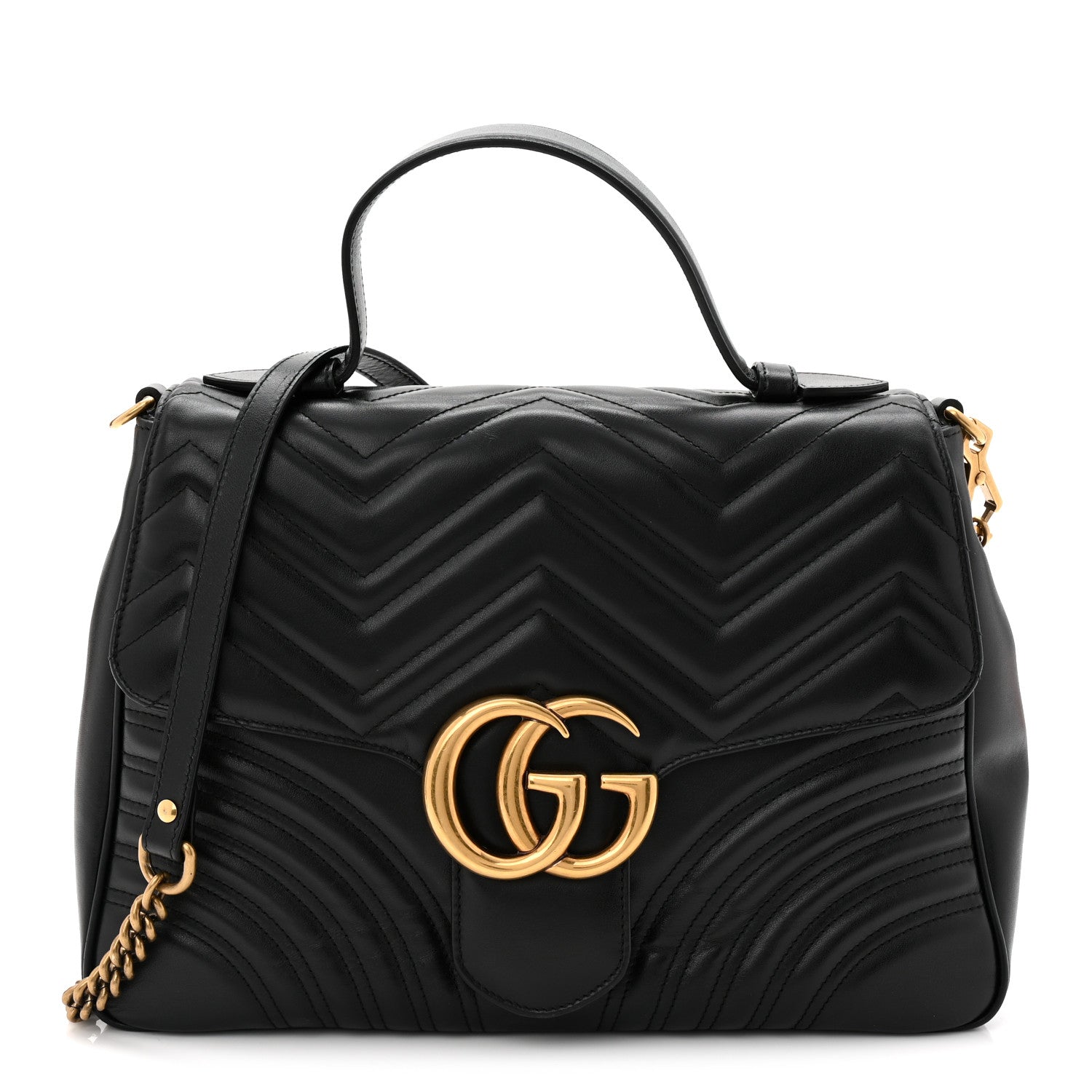 Gucci Calfskin Matelasse Medium GG Marmont Top Handle Shoulder Bag Black 1 of 10